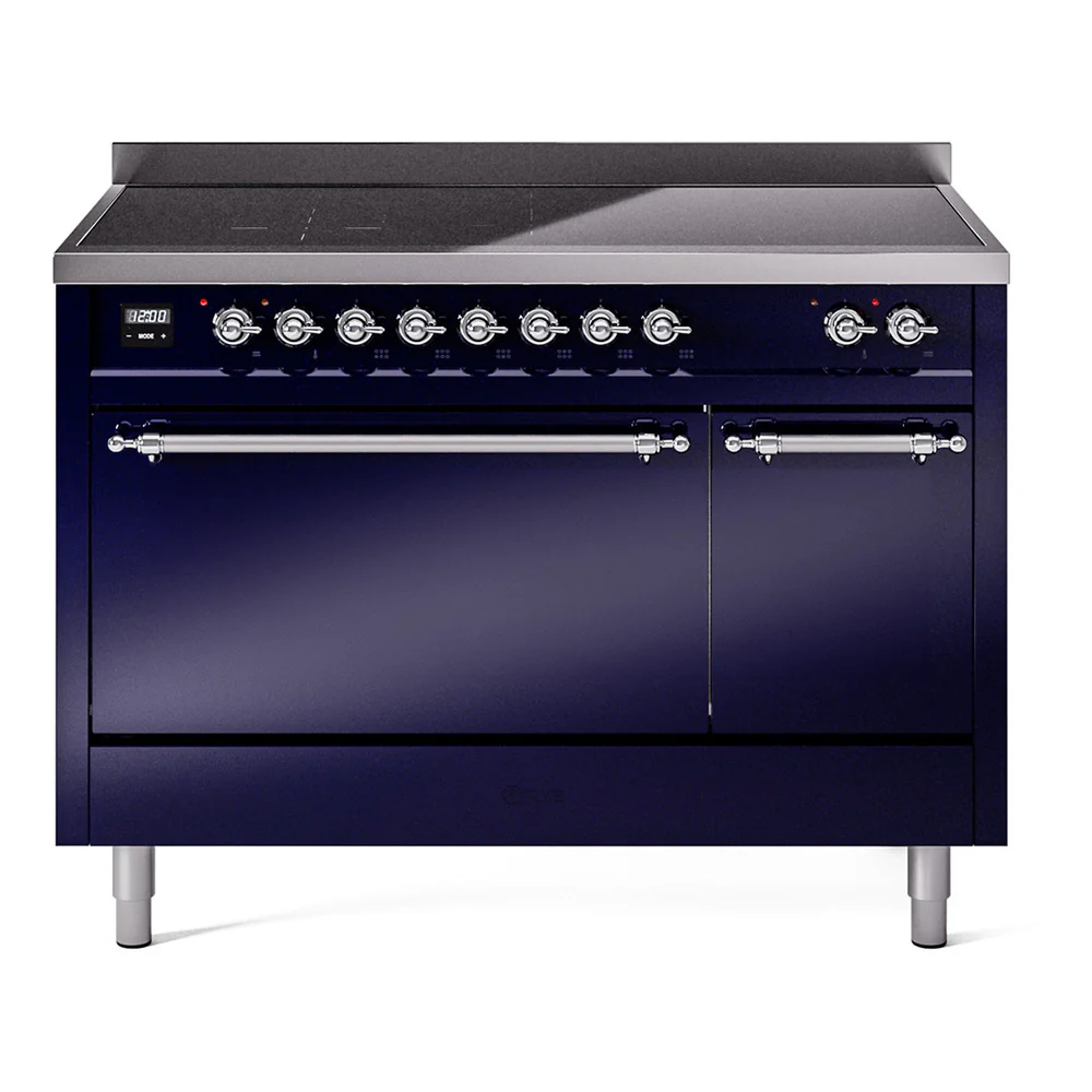 ILVE 48-Inch Nostalgie II Induction Range with Solid Door Oven in Midnight Blue with Chrome Trim (UPI486QNMPMBC)