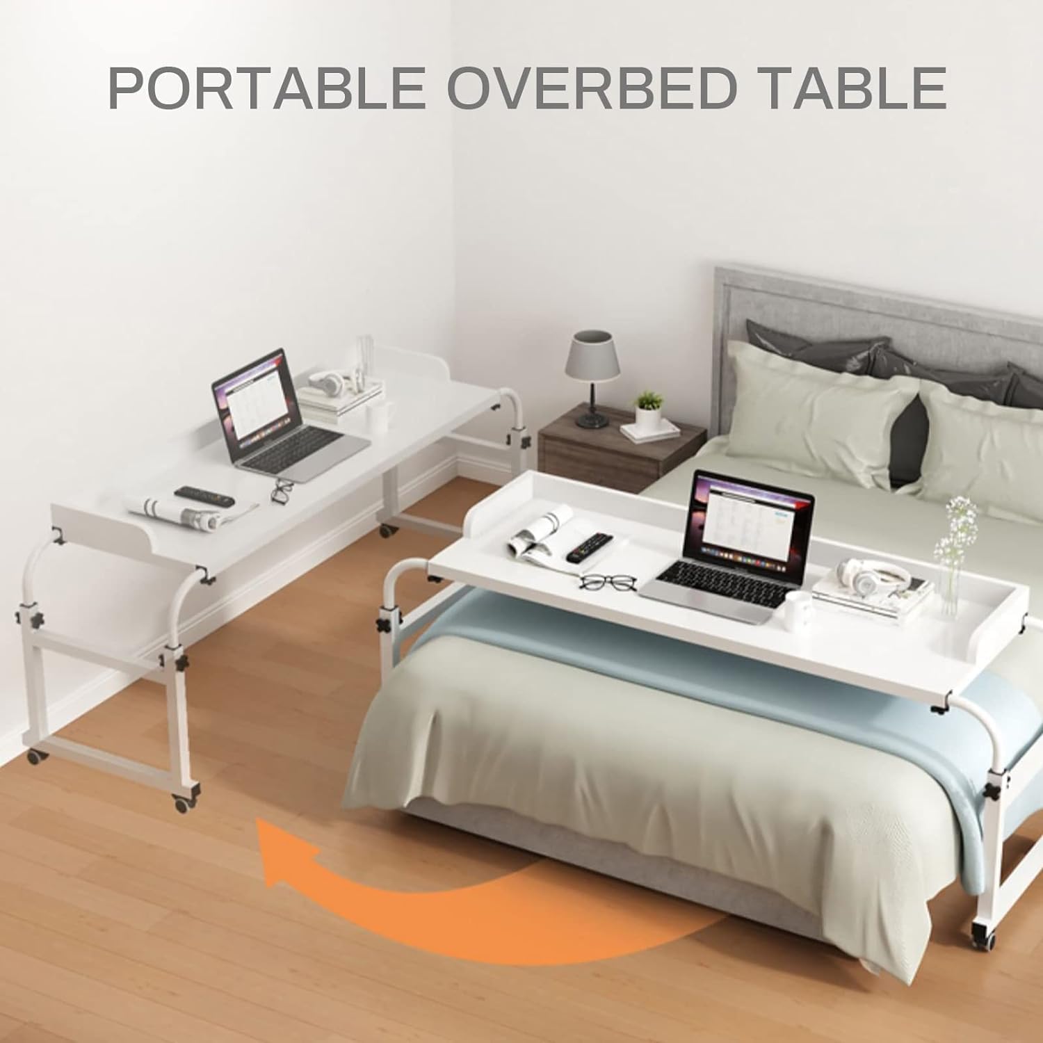 Mobile Over Bed King Queen Laptop Long Overbed Table Adjustable Height with Wheels Food Tray Desk Rolling Medical Table Overbed Bedside Table with Rolling Wheels