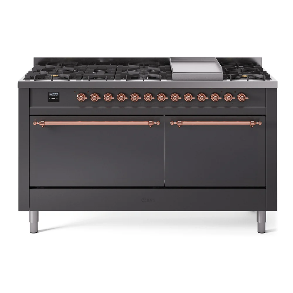 ILVE 60-Inch Nostalgie II Dual Fuel Range with 9 Burners, Griddle, and Solid Door Oven in Matte Graphite with Copper Trim (UP60FQNMPMGP)