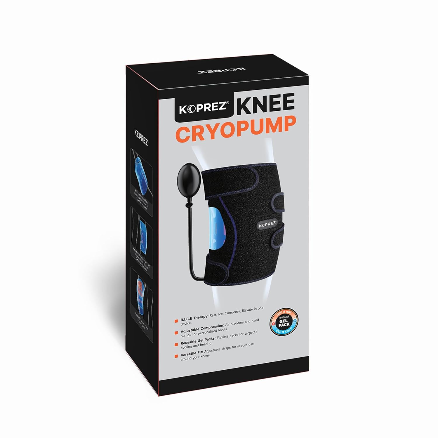 Koprez Knee CryoPump | Adjustable and Reusable Knee Ice Pack Wrap for Knee Pain Relief | Universal Fit with Adjustable Compression Pump | Knee Ice Wrap for Men and Women