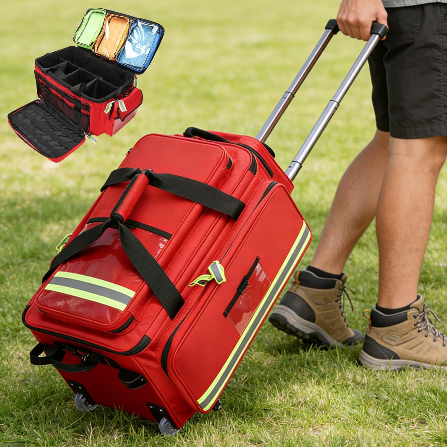 Portable Medical Trolley Duffle, Large Capacity First Aid Kit Bag, with Wheels, Multi-Compartment Design, Reflective Strips, for Emergency, Home & Clinical Use