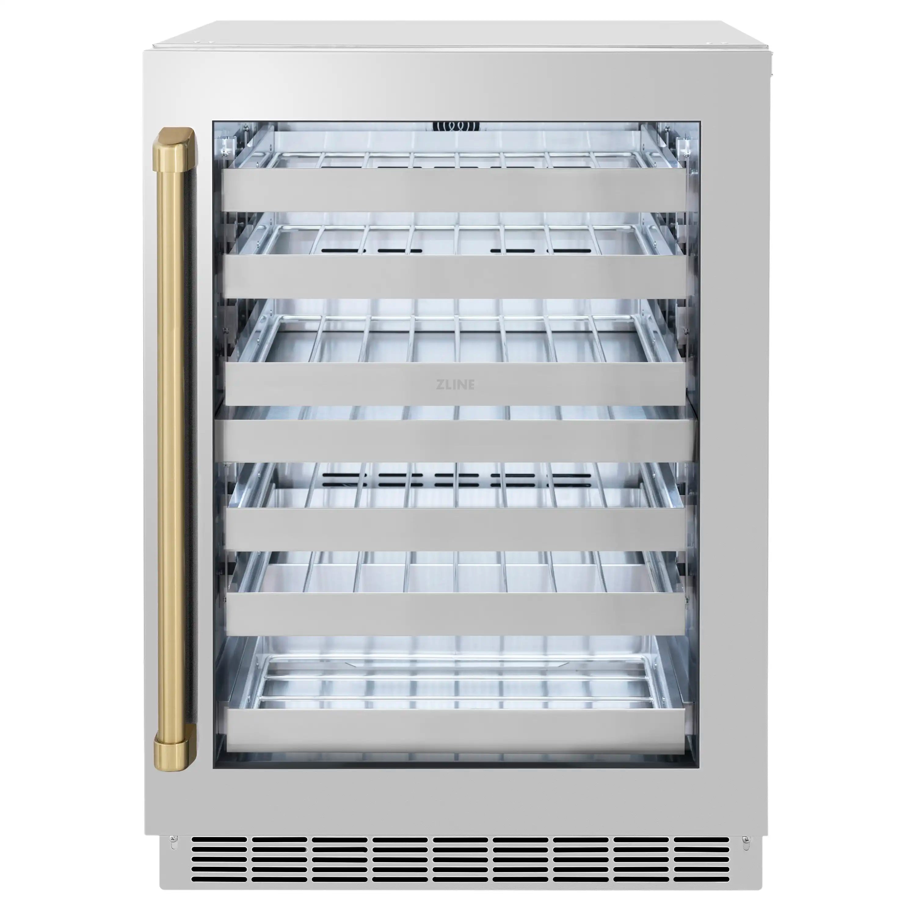 ZLINE Autograph Edition 24-Inch Touchstone Dual Zone 44 Bottle Indoor/Outdoor Wine Cooler With Stainless Steel Glass Door And Champagne Bronze Handle (RWDOZ-GS-24-CB)