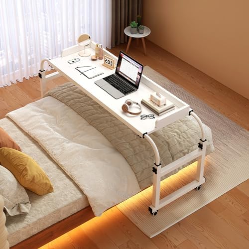 Tiltable Tabletop Bedside Workstation Laptop Desk,Over-Bed Table Adjustable Overbed Table with Wheels for Queen Size Bed Extendable Rolling Desk for Hospital and Home Use (White 120cm/47.2i