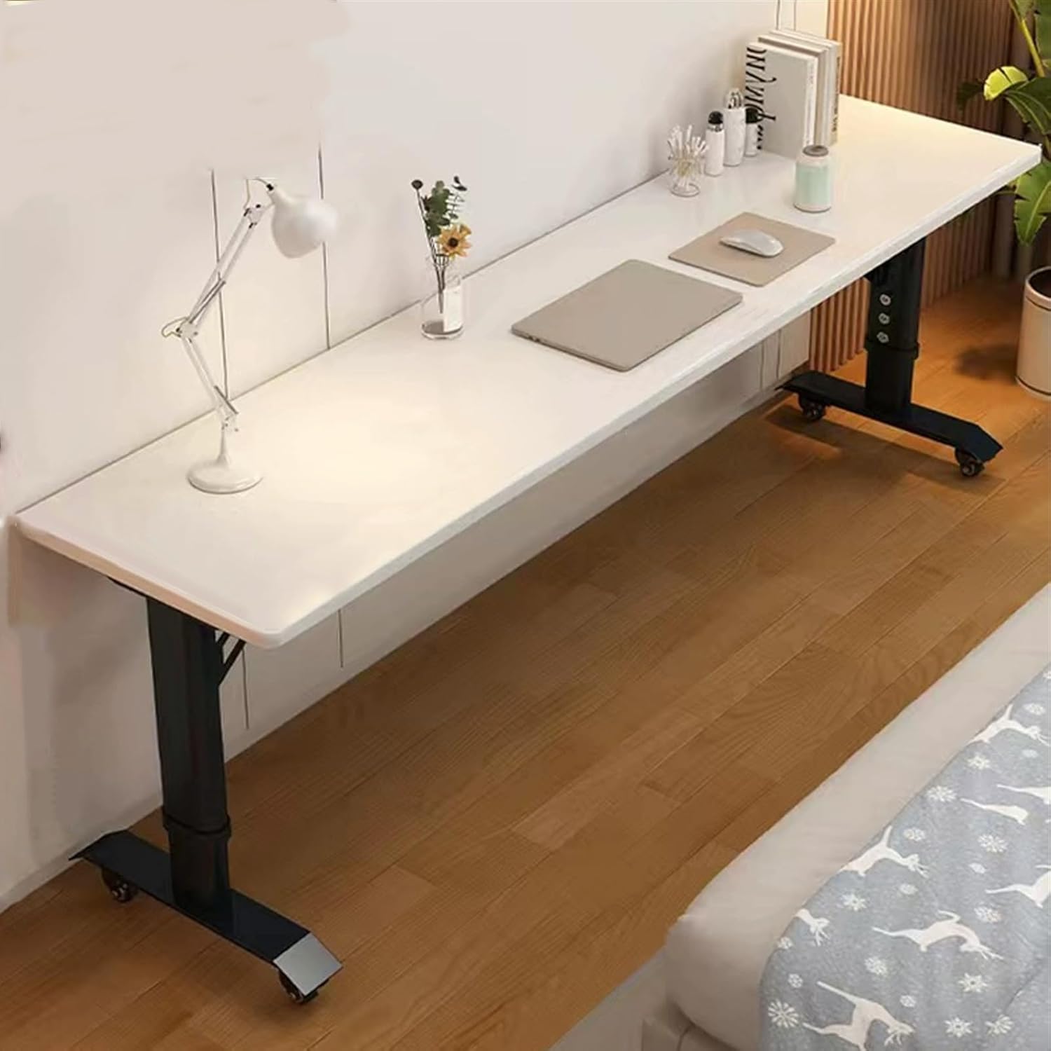 Adjustable Height Over Bed Table with Wheels, Mobile Hospital Overbed Table, Standing Workstation Laptop Cart, Overbed Bedside Desk for Eating and Laptops(White+Black,240x40cm/94x16)