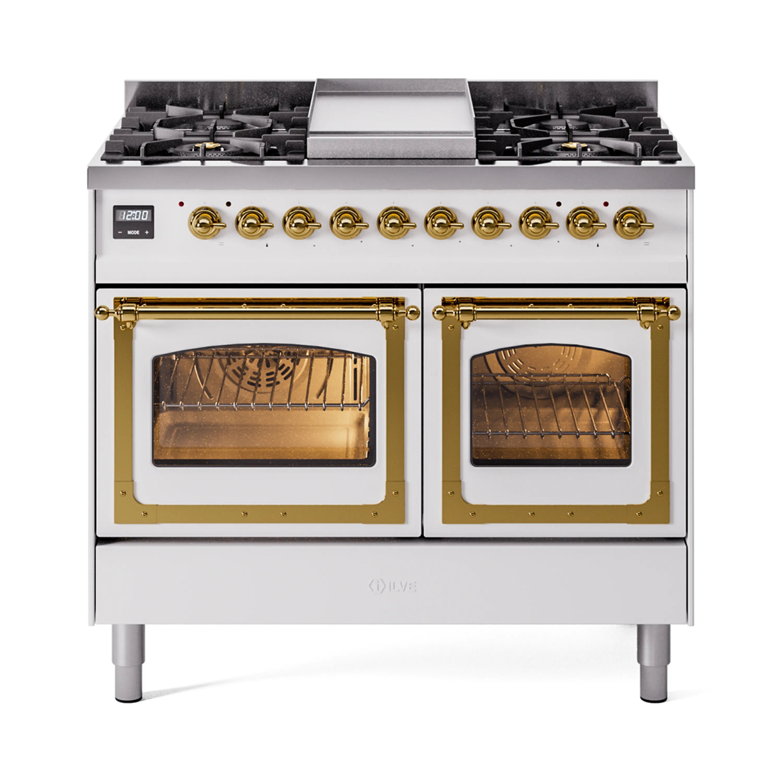 ILVE 40-Inch Nostalgie II Noblesse Dual Fuel Range with Triple Glass Door Oven in White with Brass Trim (UND40FNMPWHG)