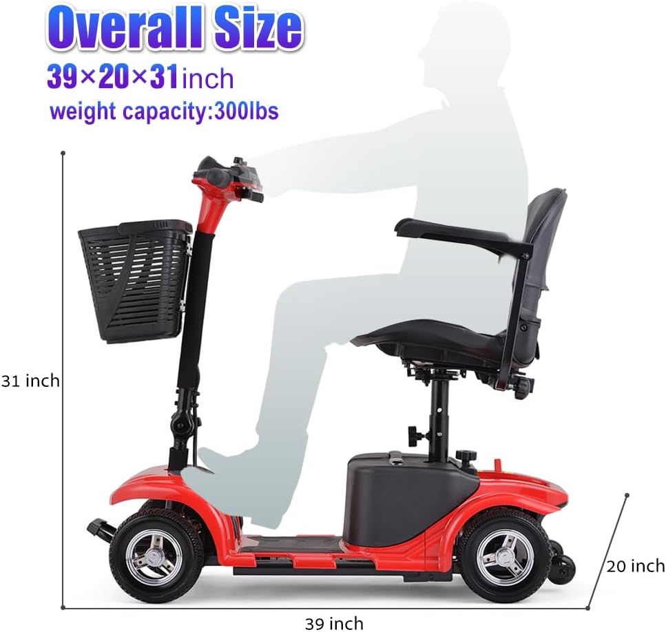 Mobility Scooter for Adults, Senior, Skmc 4 Wheels Electric Powered Chargeable Device for Travel, Lightweight and Portable, with LED Headlights and Basket, Charger Included, Red/Blue (RED red)