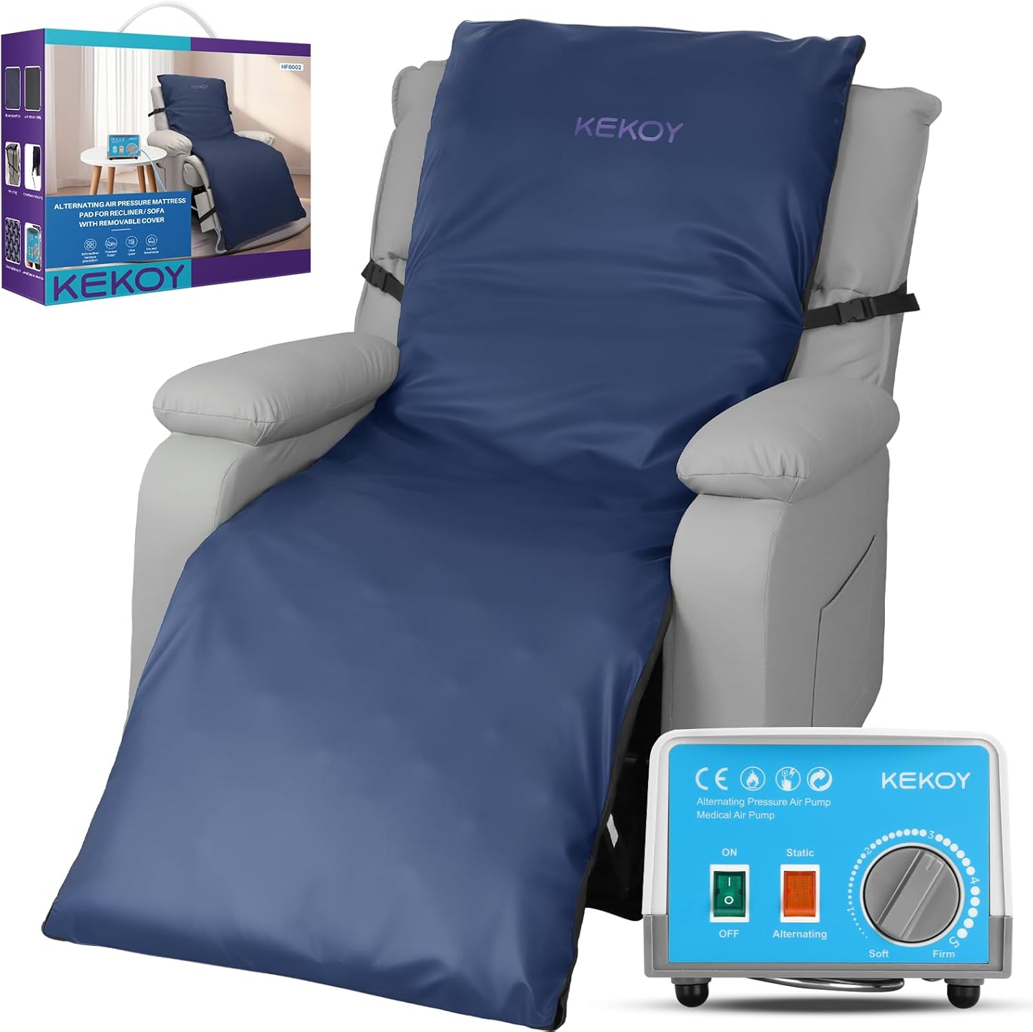 Kekoy Alternating Air Pressure Mattress Pad for Recliner Chair, Upgraded Anti-Slip Design, Pressure Relief Cushion & Bedsore Prevention for Elderly, Quiet Pump, Waterproof Cover for Home Hospital Use