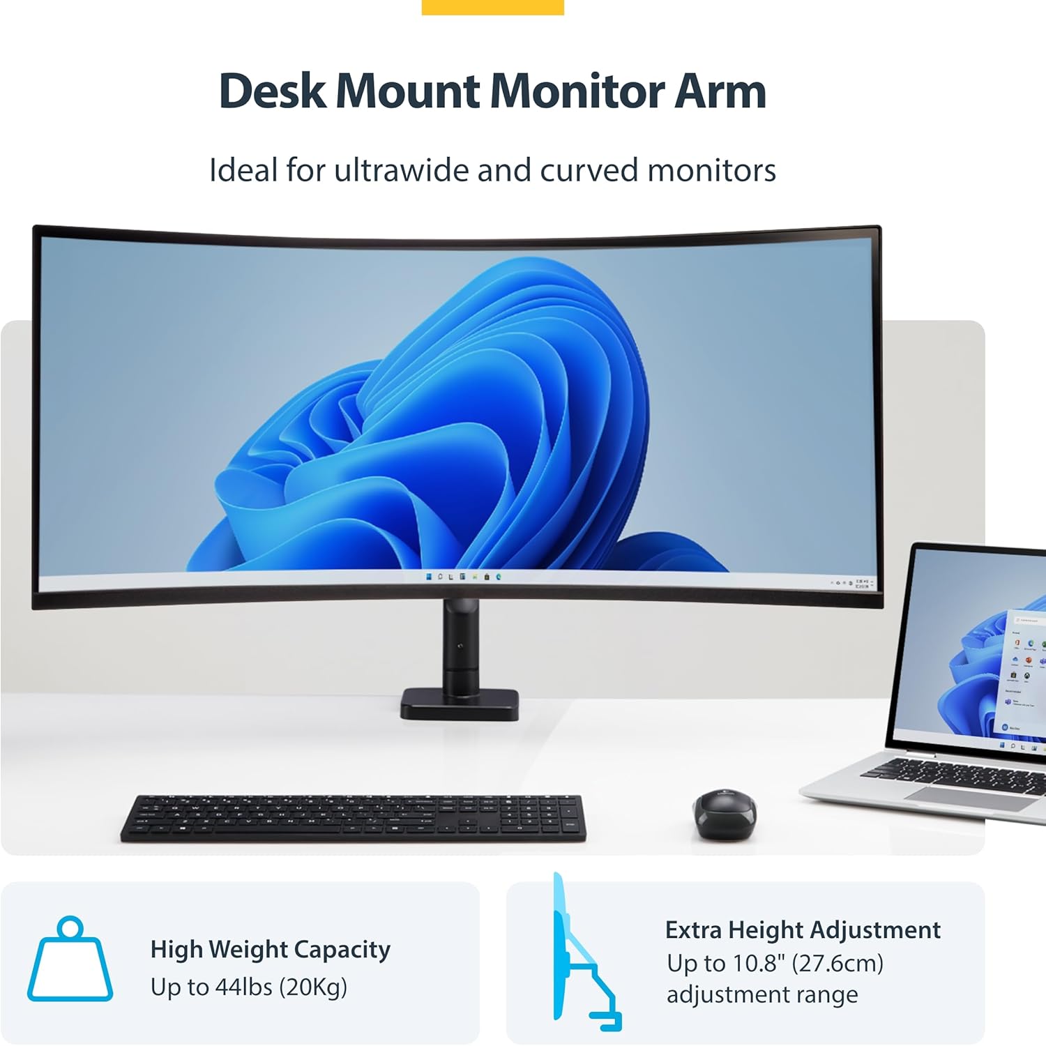 StarTech.com Monitor Desk Mount for up to 49in 32:9 Ultrawide Curved Screen, Mechanical Spring Arm, C-Clamp/Grommet, Max 44lb
