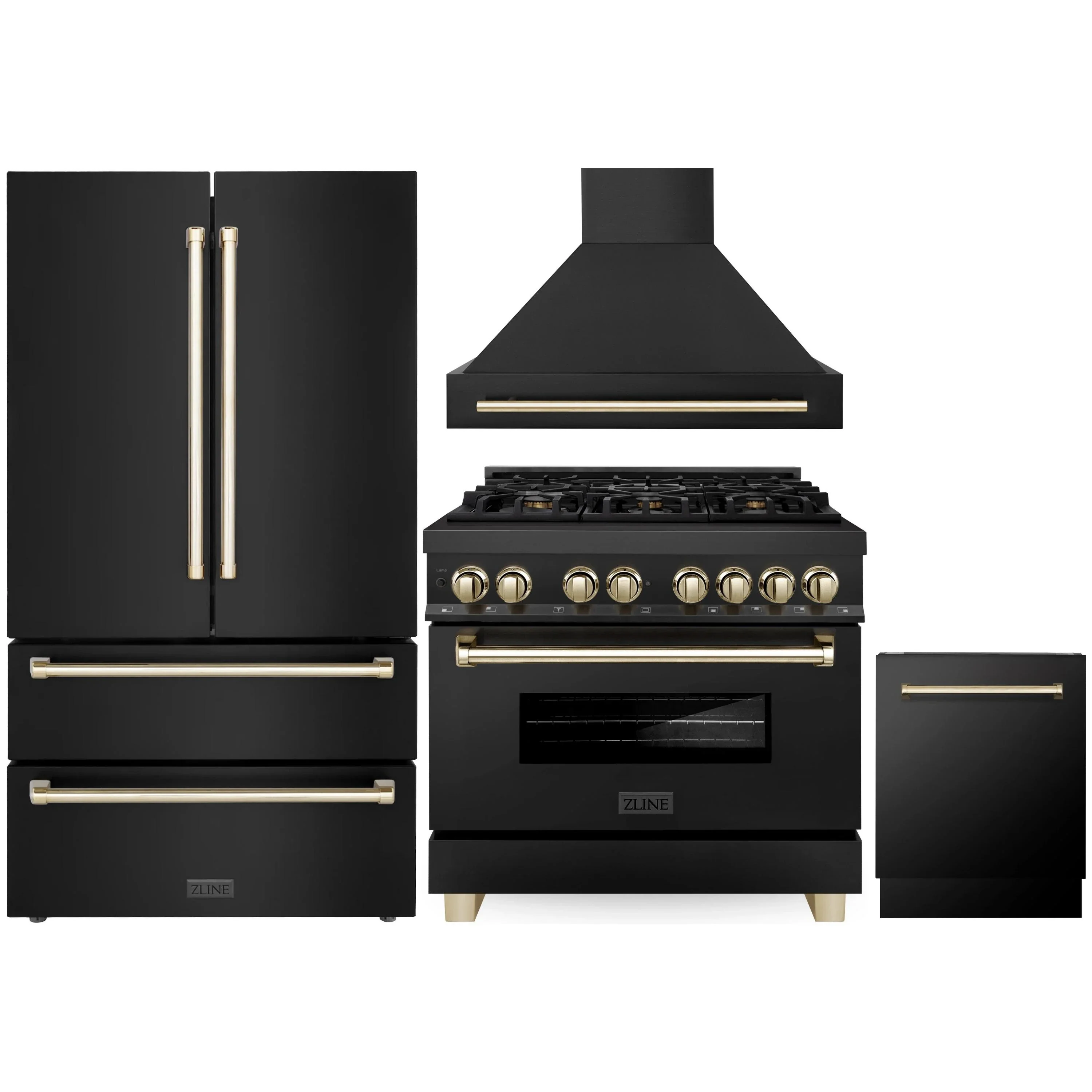 ZLINE Autograph Edition 4-Piece Appliance Package - 36-Inch Dual Fuel Range, Refrigerator, Wall Mounted Range Hood, and 24-Inch Tall Tub Dishwasher in Black Stainless Steel with Gold Trim (4AKPR-RABRHDWV36-G)