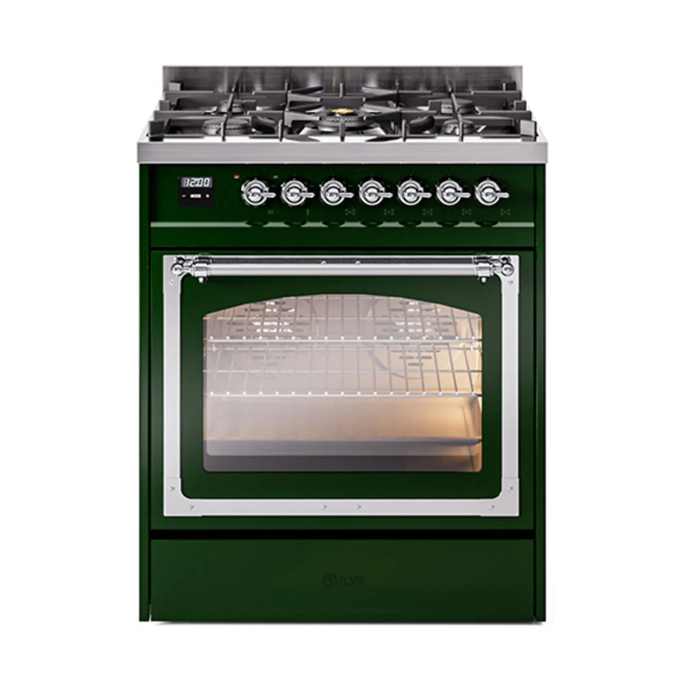 ILVE Nostalgie II Noblesse 30-Inch Dual Fuel Range with Triple Glass Door in Emerald Green with Chrome Trim (UN30NMPEGC)