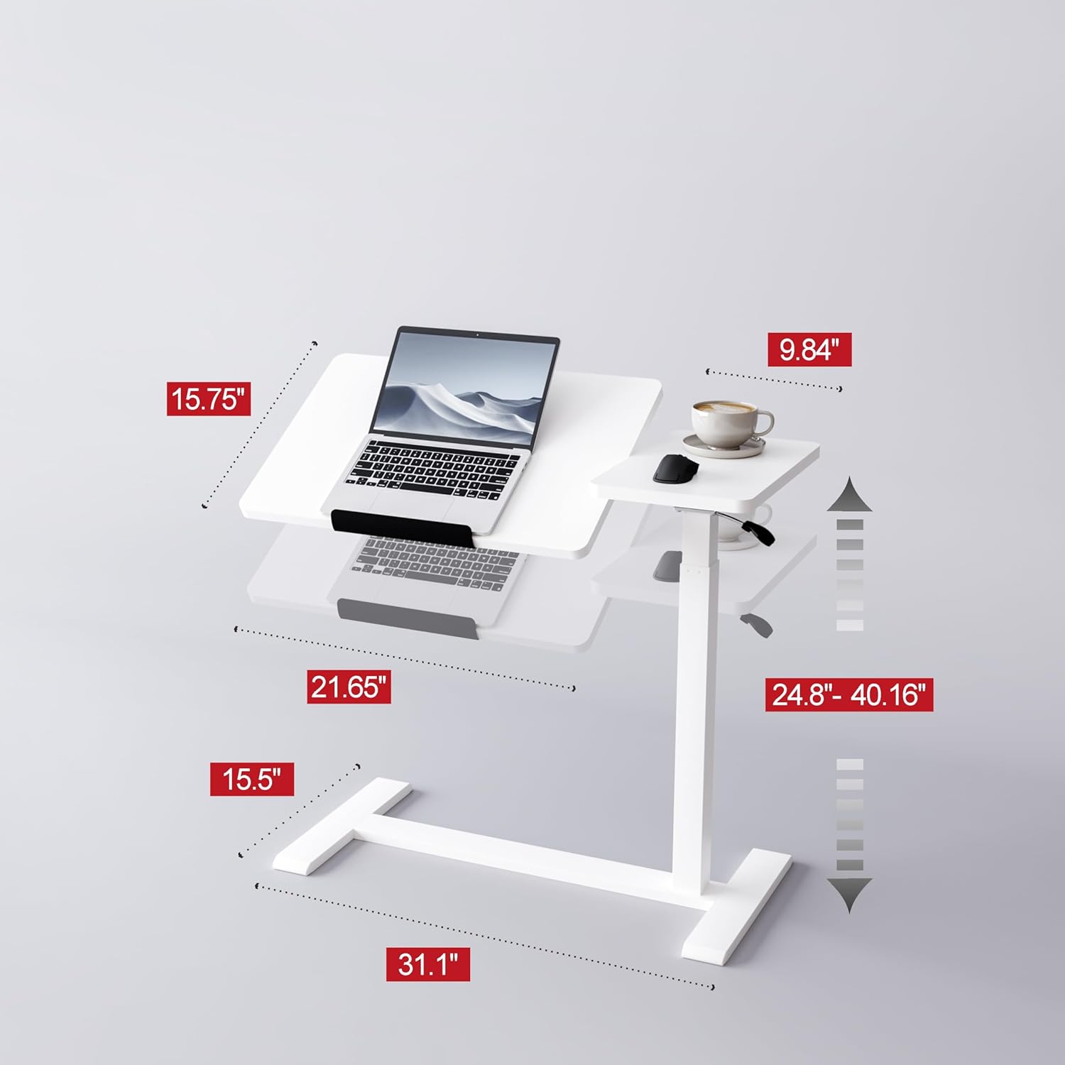 Adjustable Overbed Bedside Table with Wheels Pneumatic Mobile Standing Laptop Desk Rolling Computer Cart Movable Couch Desk Hospital Home Use, White