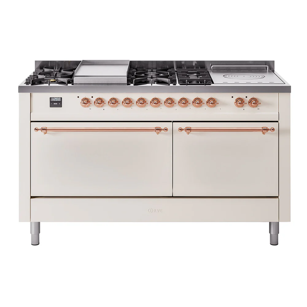 ILVE Nostalgie II 60-Inch Dual Fuel Range with 7 Burners, Griddle, & French Top with Solid Door Oven in Antique White with Copper Trim (UP60FSQNMPAWP)