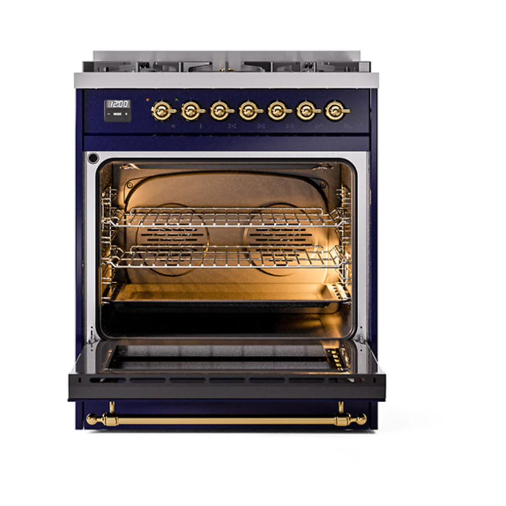 ILVE Nostalgie II 30-Inch Dual Fuel Range with Solid Door in Midnight Blue with Brass Trim (UP30QNMPMBGG)