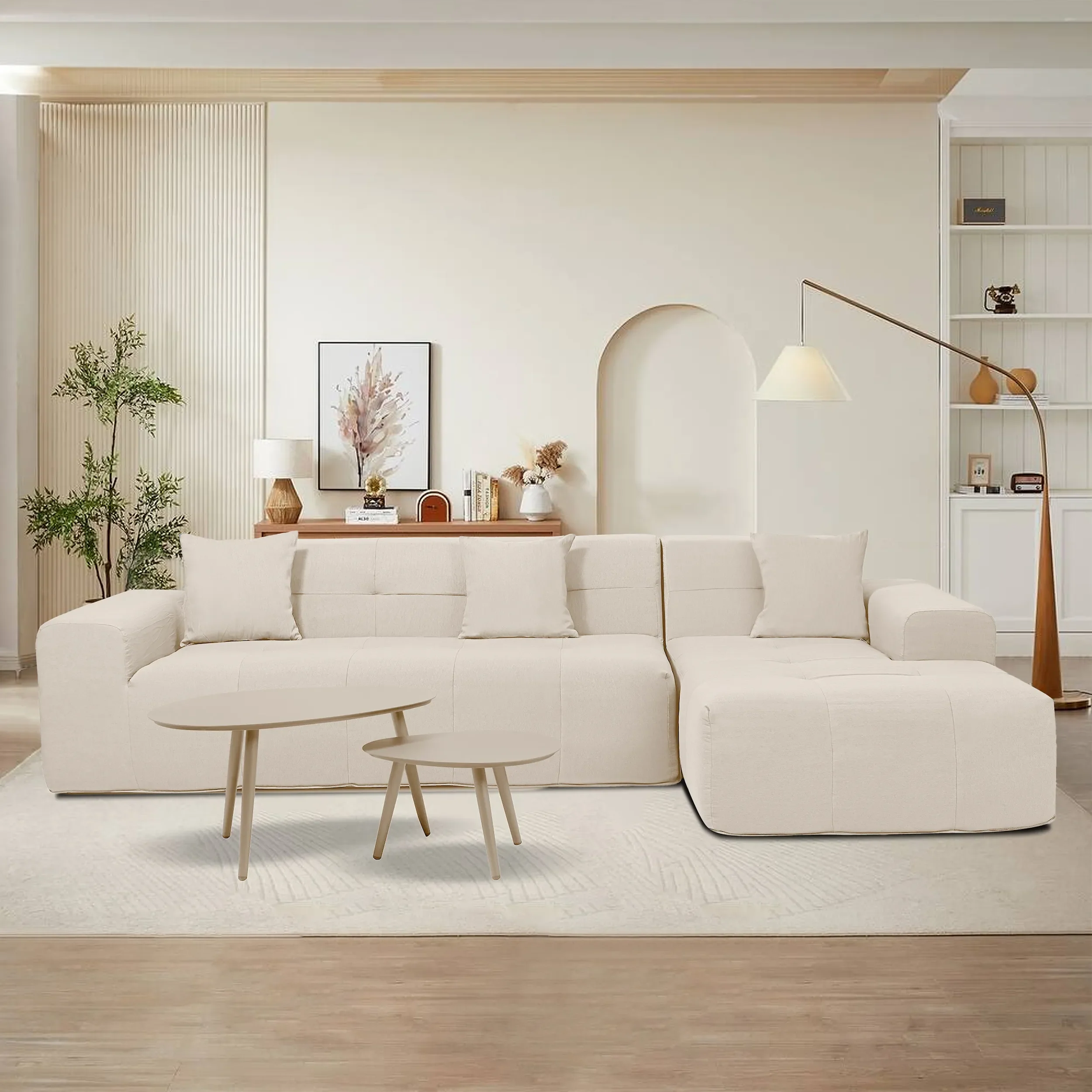 Deko Living 3 Piece Beige Compressed Foam Sectional Sofa Lounger and Table Set (CIF50218)