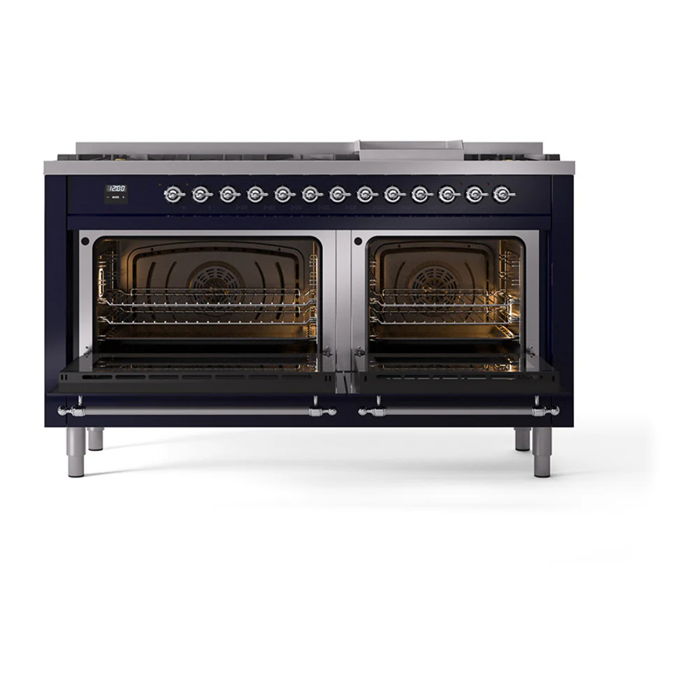 ILVE 60-Inch Nostalgie II Dual Fuel Range with 9 Burners, Griddle, and Solid Door Oven in Midnight Blue with Chrome Trim (UP60FQNMPMBC)