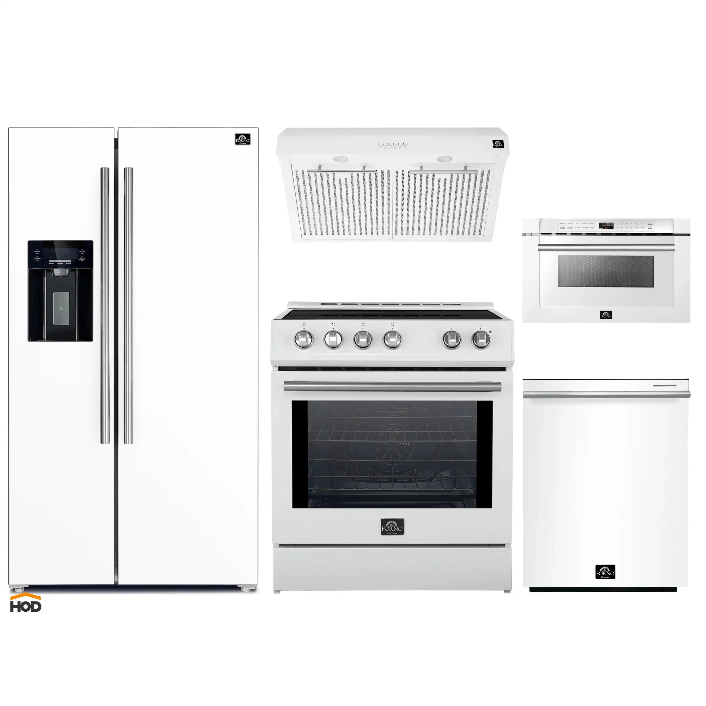 Forno 5-Piece Appliance Package - 30-Inch Induction Range, Under Cabinet Range Hood,  French Door Refrigerator with Water Dispenser, Dishwasher, and  Microwave Drawer in White with Stainless Steel Trim