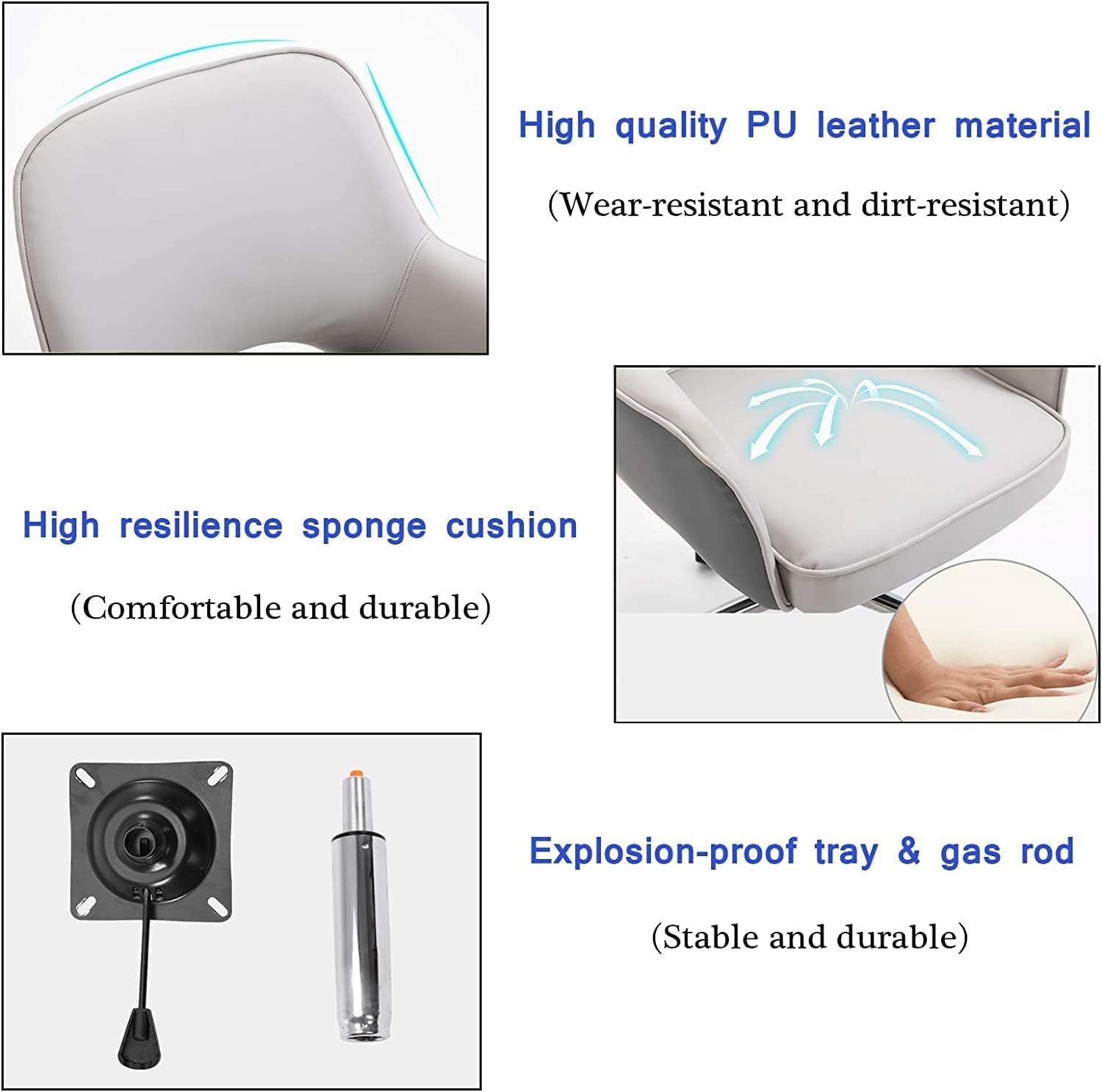 Mid Back Office Chair PU Leather Makeup Chair Ergonomic Lumbar Support Desk Chair with Armrest Adjustable Height Computer Chair (Blue-