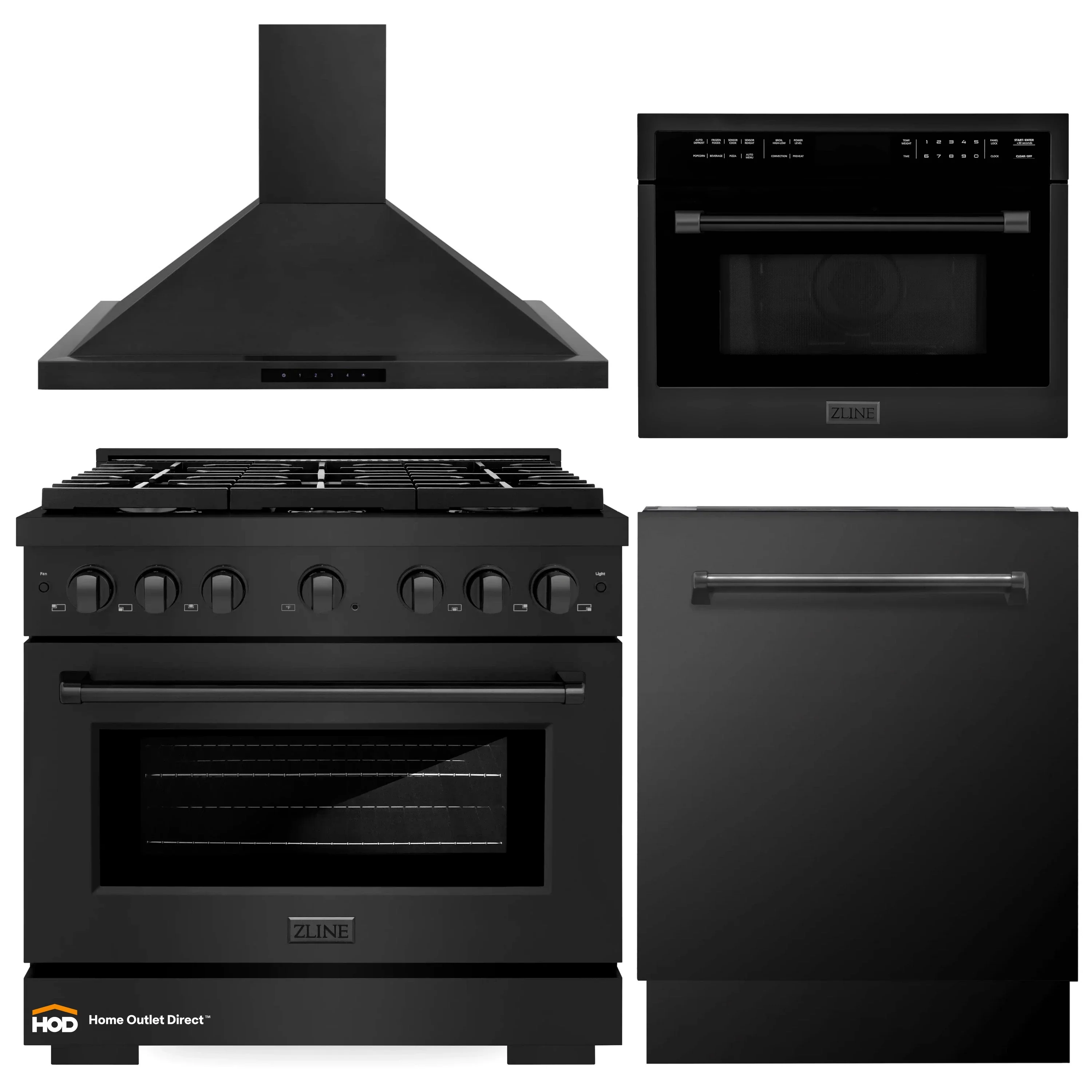 ZLINE 4-Piece Appliance Package - 36-Inch Gas Range, Convertible Wall Mount Hood, Microwave Oven, and 3-Rack Dishwasher in Black Stainless Steel (4KP-SGRBRH36-MODWV)