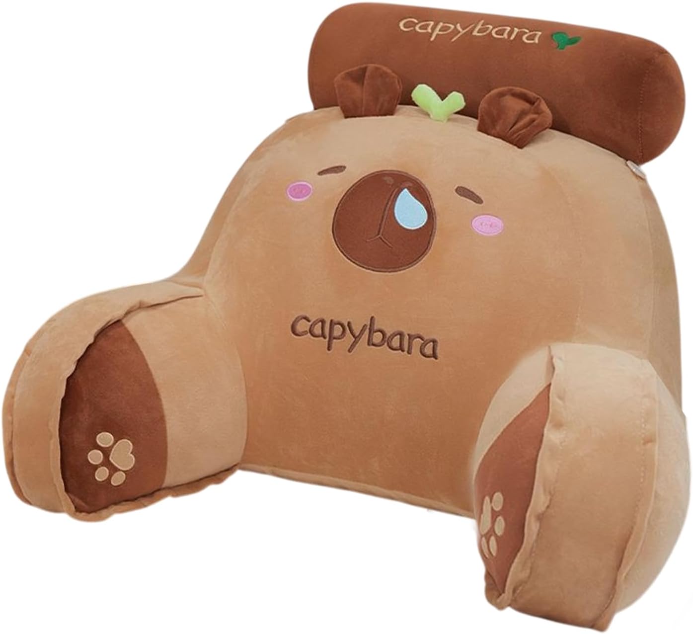 Capybara Reading Pillow – Short Plush 65x45cm Backrest Cushion | Bedside Support Mat with Armrests Sprout Headboard Design | in Bed Reading Lounging Pillow for Bedroom Relaxation and Daily Use