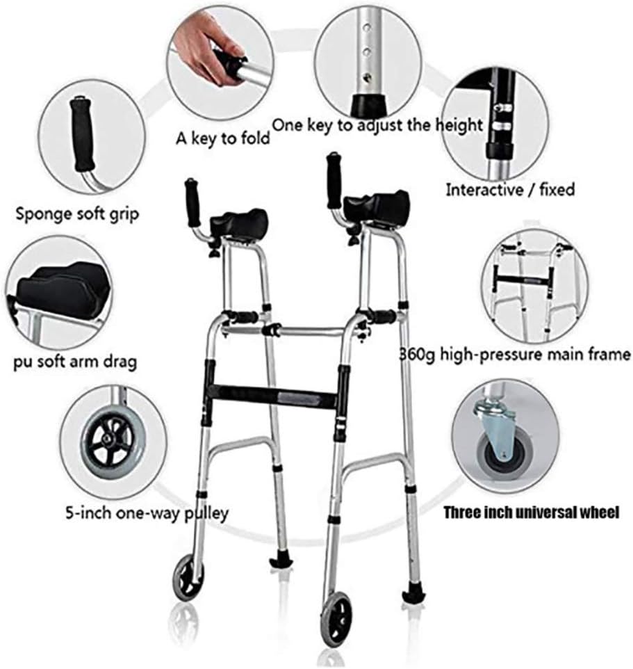 Wheel Walking Frame with Armrest Support Pad/Folding Lightweight Aluminium Walker - Adjustable Height - Toilet Frame, Toilet armrest - Elderly Walk Auxiliary Sharing