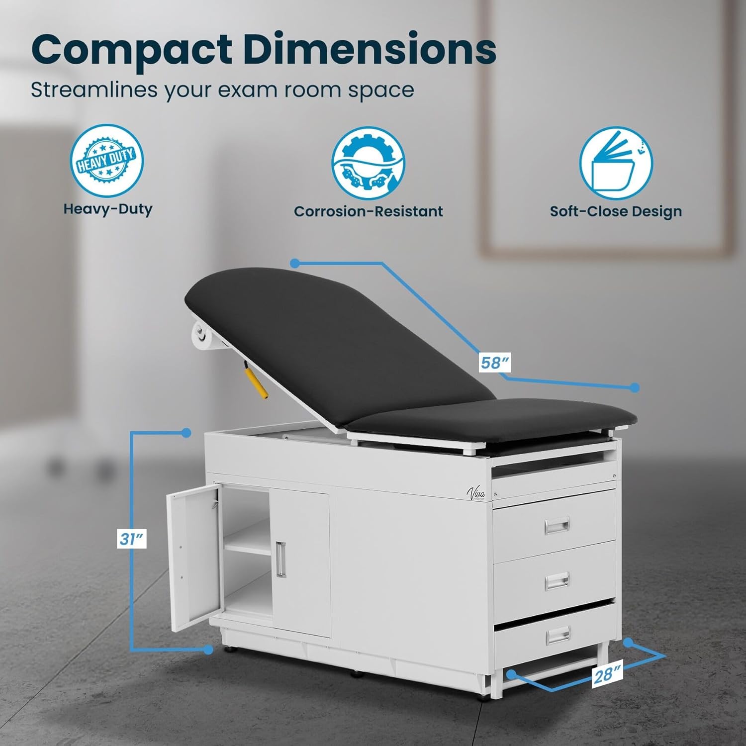 Grande Medical Exam Table, Adjustable Exam Bed with Step Stool, Storage Cabinets, and Foot Rest, Dimensions: 47.64” L x 26.77” W x 29.13” H, Black, NO Stirrups