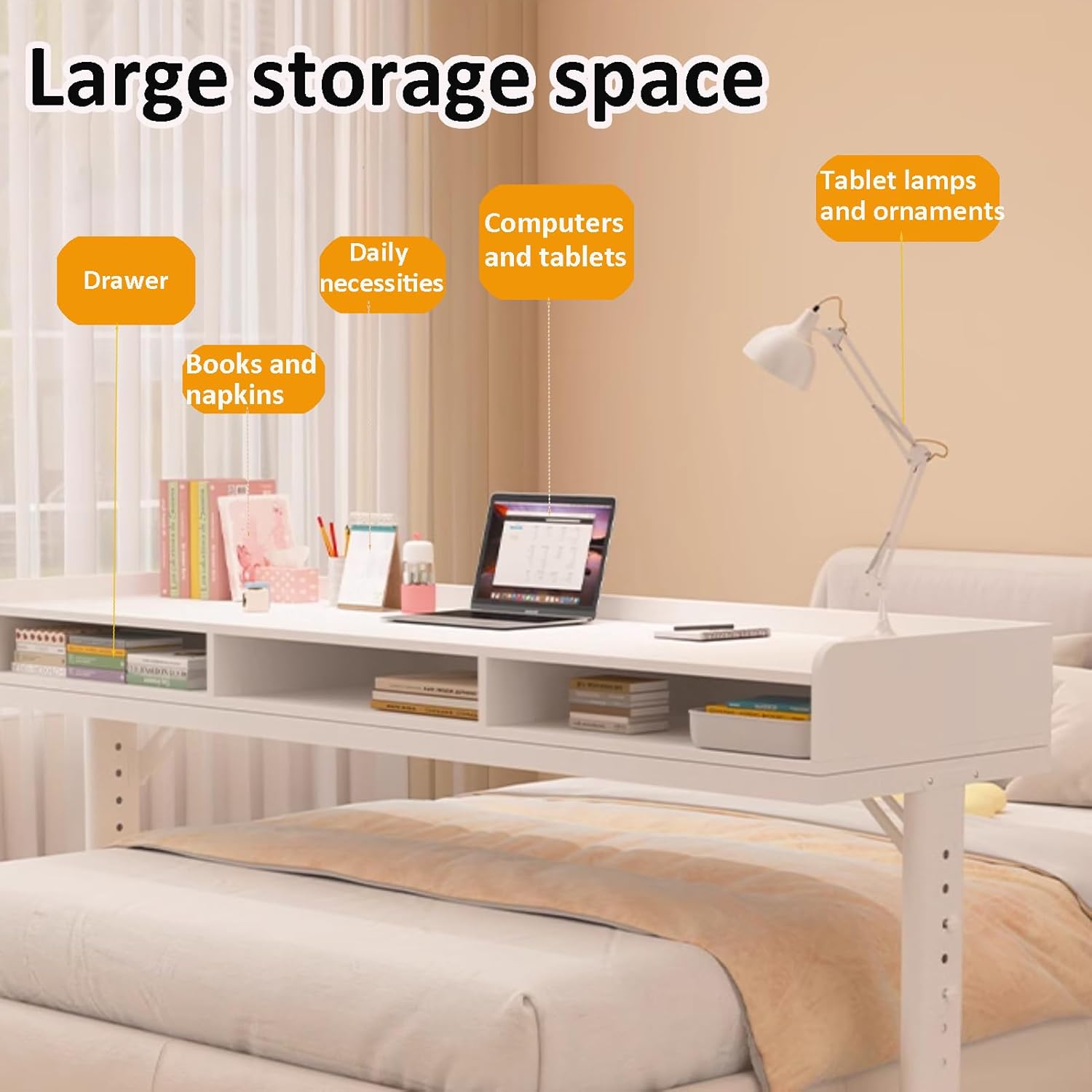 Height Adjustable Over Bed Table with Drawer & 3-Side Guard Rails, Over The Bed Table with Wheels, Rolling Over Bed Desk, Laptop Workstation for Bedroom, Living Room, Office, Hospital