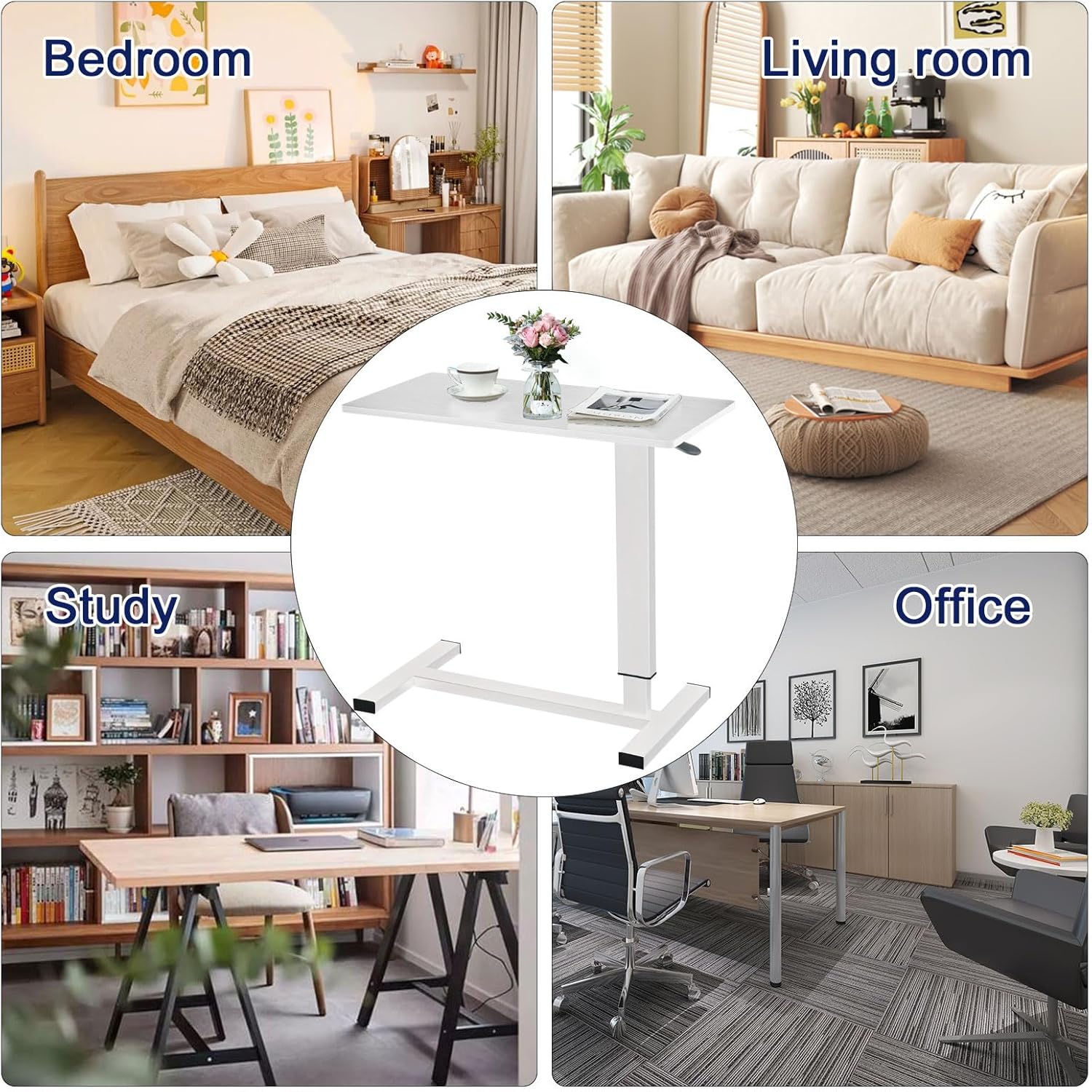 Overbed Table with Swivel Hidden Wheels Adjustable Height, Pneumatic Mobile Standing Desk Laptop Bedside Table Multi-Purpose for Home and Hospital Use (White)
