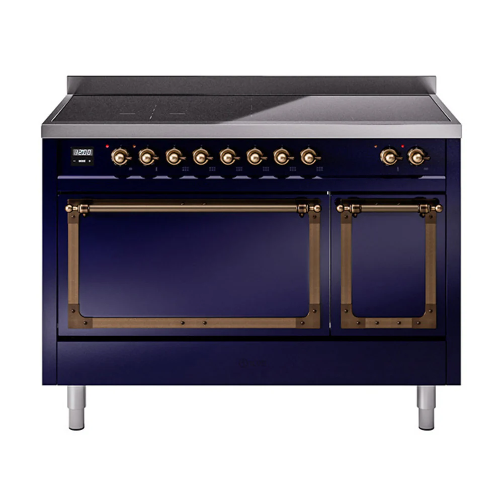 ILVE Nostalgie II Noblesse 48-Inch Induction Range with Solid Door Oven in Midnight Blue with Bronze Trim (UNI486QNMPMBB)