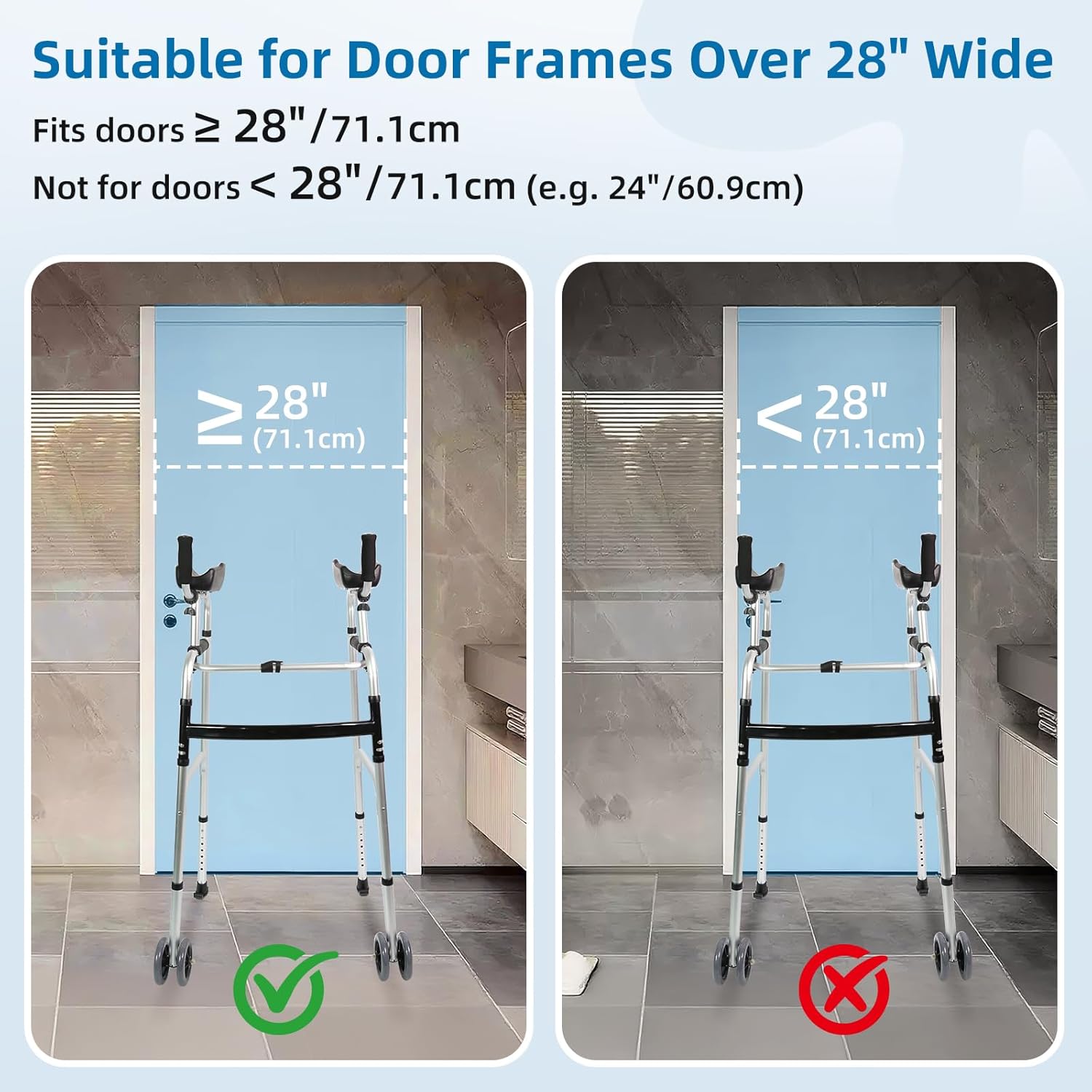 Dual-Wheel Stand Up Walker with Ball Bearing Wheels & Armrest Pad - Aluminum Standard Walker for Seniors, Height Adjustable Platform Walker with Arm Support, Foldable Design with Storage Bag, Silver