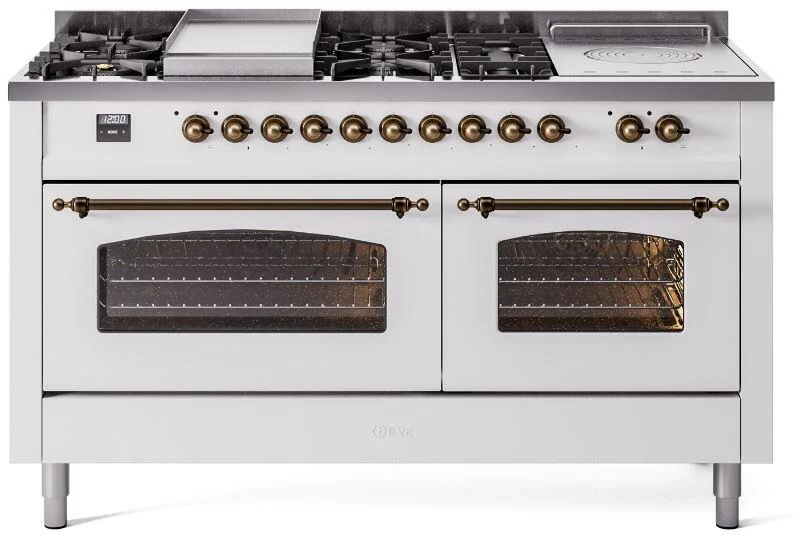 ILVE Nostalgie II 60-Inch Dual Fuel Range with 7 Burners, Griddle, & French Top with Triple Glass Door Oven in White with Bronze Trim (UP60FSNMPWHB)