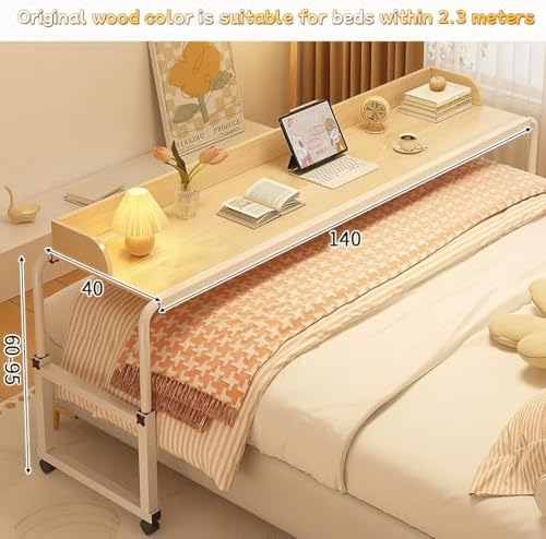 Tiltable Tabletop Bedside Workstation Laptop Desk,Adjustable Overbed Table with 360° Wheels - King Size Bed Rolling Tray Table for Living Room & Hospital Use - Sturdy Wood and Steel Frame -