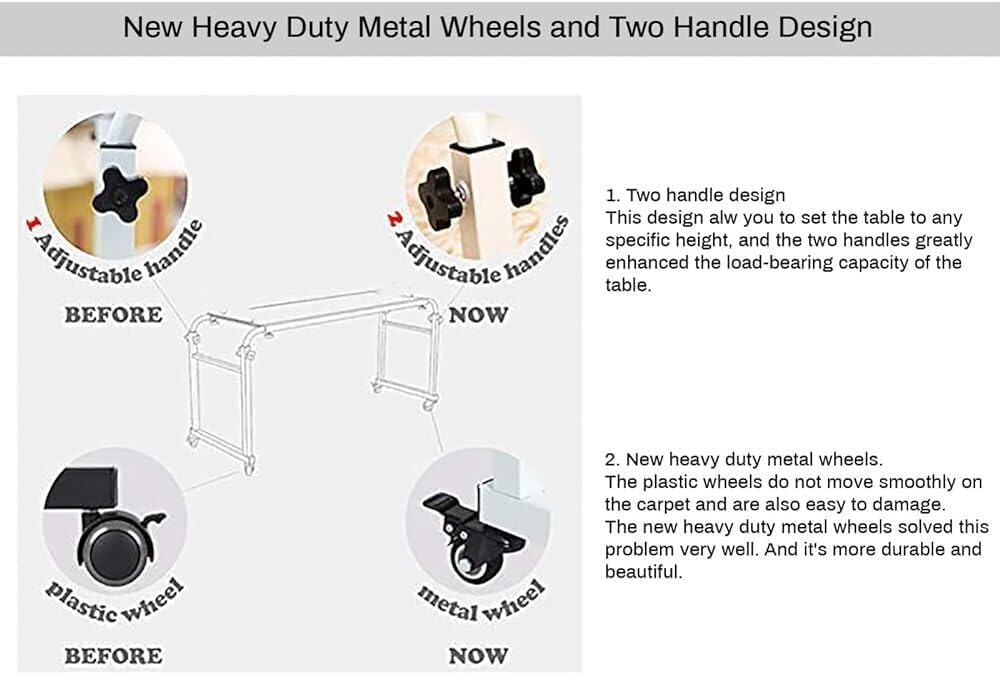 Overbed Table with Wheels, Height Adjustable Computer Desk, Rolling Medical Table, Mobile Workstation for Twin/Full/Queen/King Size Bed, Versatile Food & Study Tray Desk