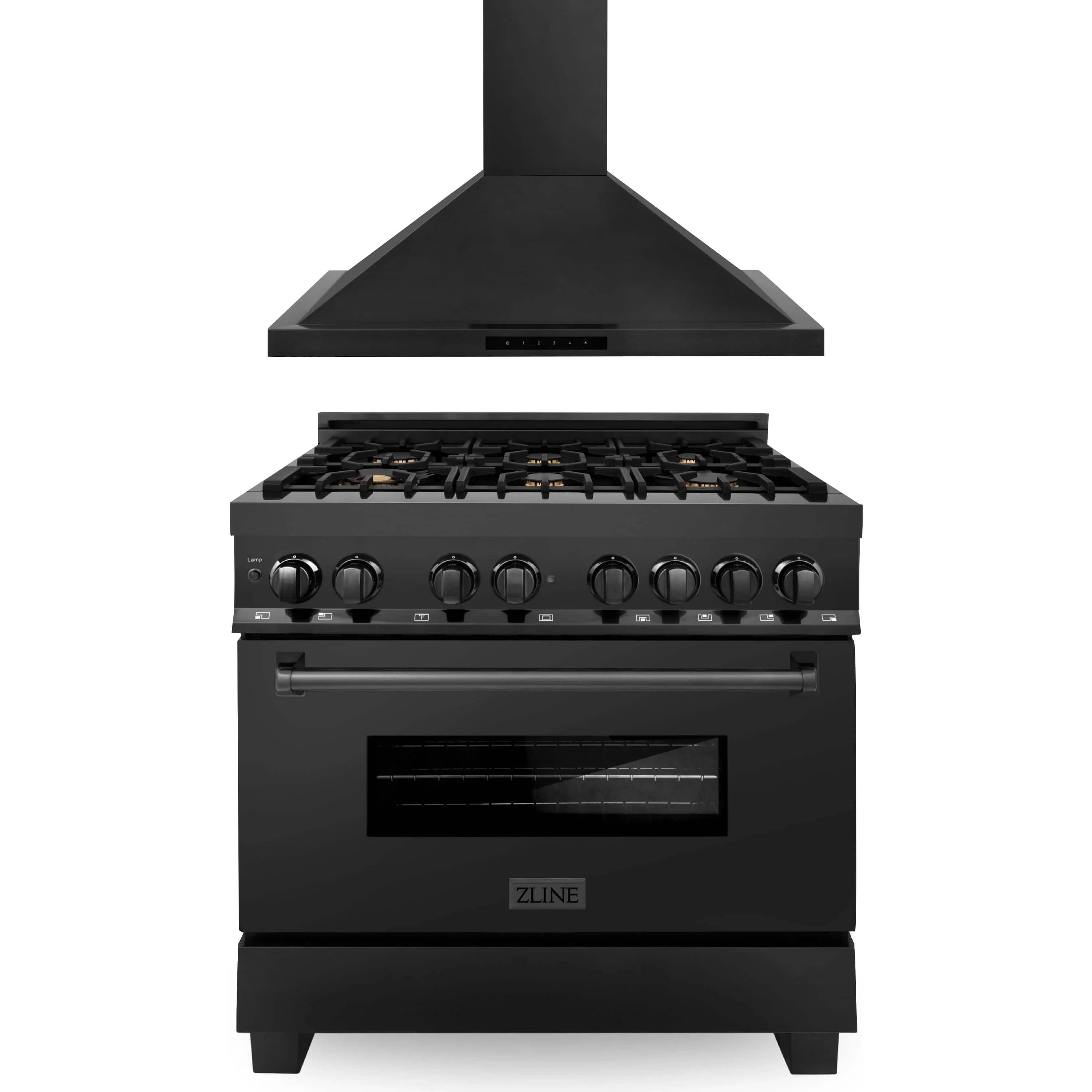 ZLINE 2-Piece Appliance Package - 36-Inch Dual Fuel Range with Brass Burners & Wall Mount Range Hood in Black Stainless Steel (2KP-RABRH36)