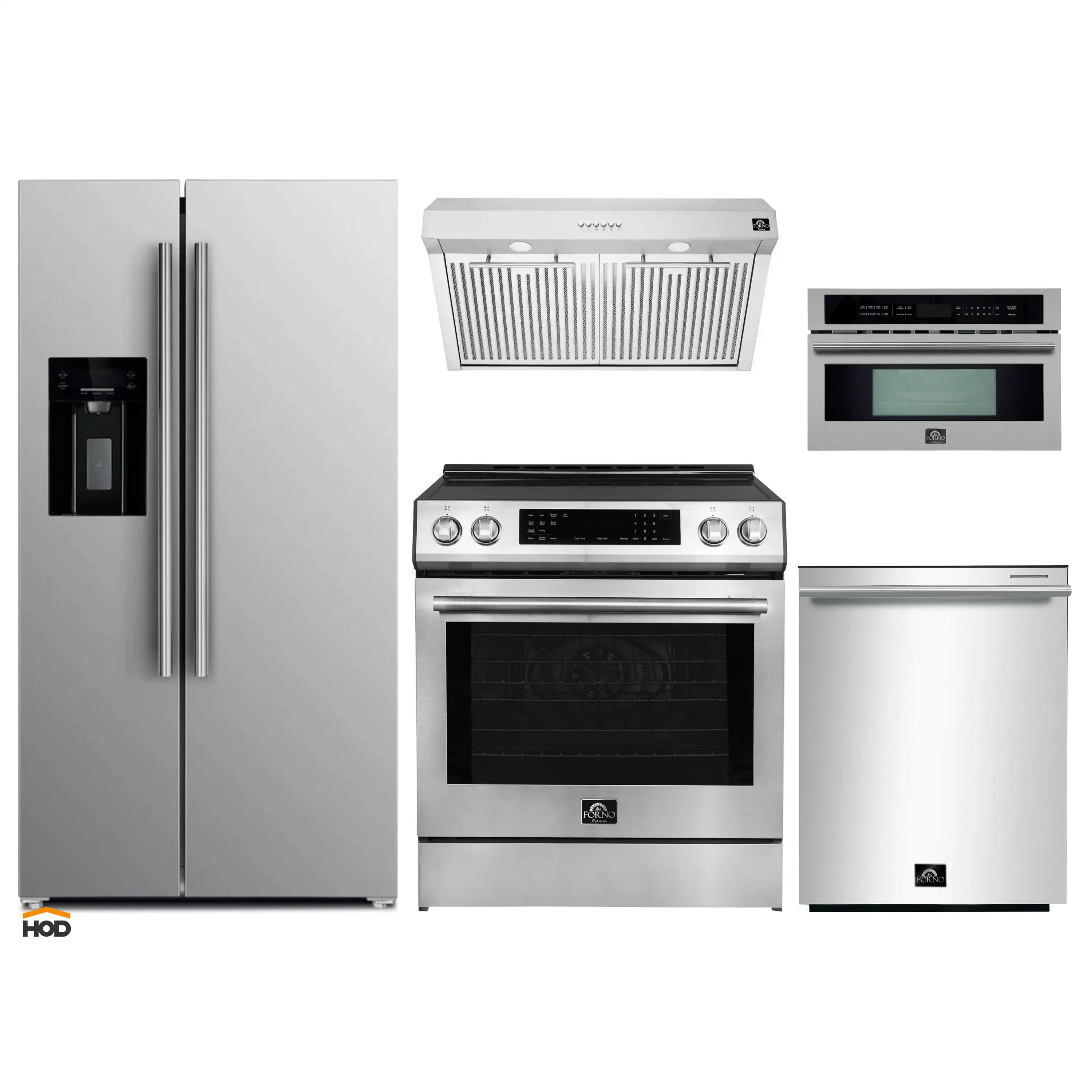 Forno 5-Piece Appliance Package - 30-Inch Induction Range, Under Cabinet Range Hood, Refrigerator with Water Dispenser, Dishwasher, and 30-Inch Microwave Drawer in Stainless Steel