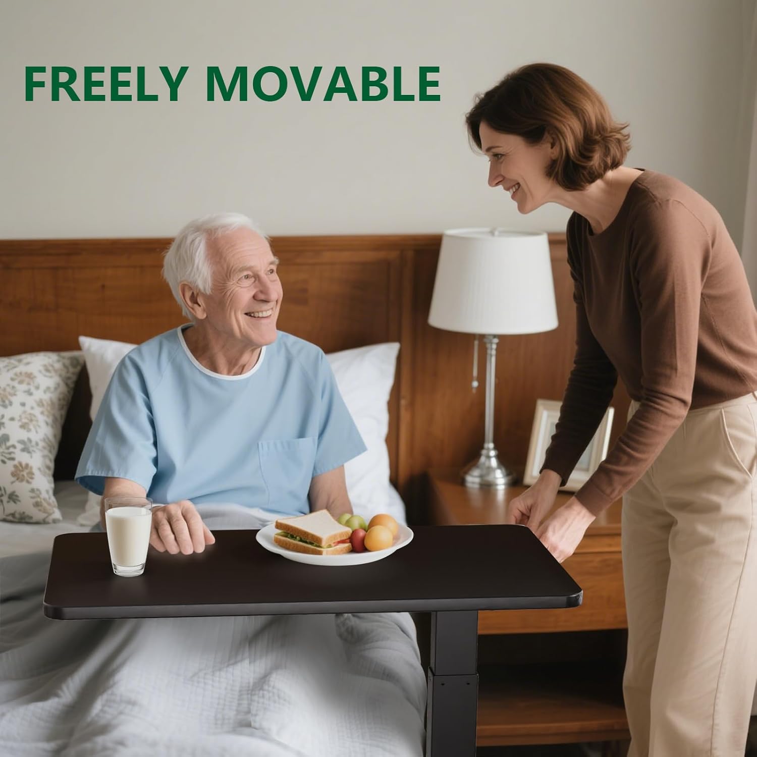 Ywin Medical Adjustable Overbed Bedside Table with Wheels, Rolling Standing Desk, Pneumatic Small Side Bed Table with Tray for Couch, Hospital, Home,Office Use (Black)