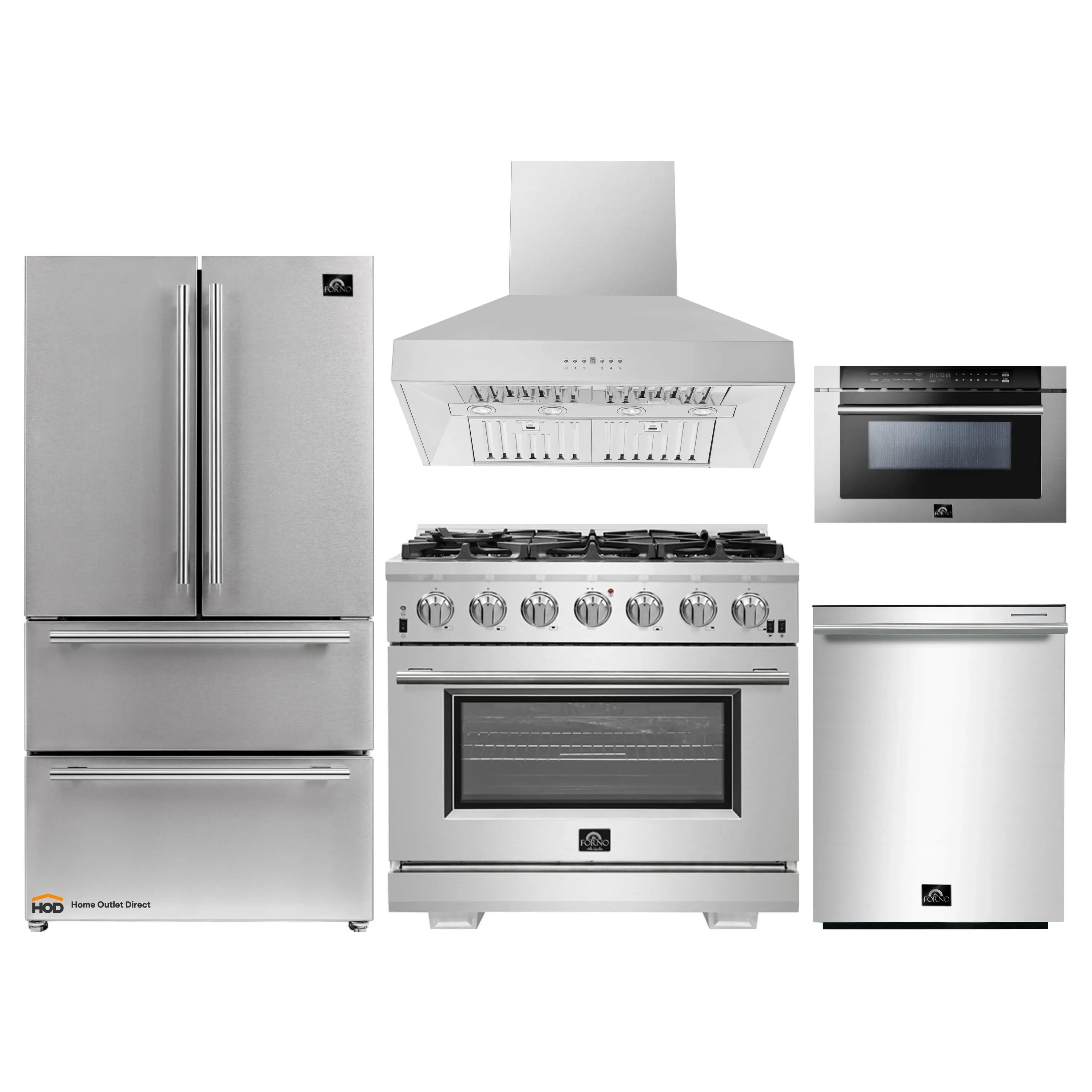 Forno 5-Piece Pro Appliance Package - 36-Inch Gas Range, Refrigerator, Wall Mount Hood, 24-Inch Microwave Drawer, & 3-Rack Dishwasher in Stainless Steel