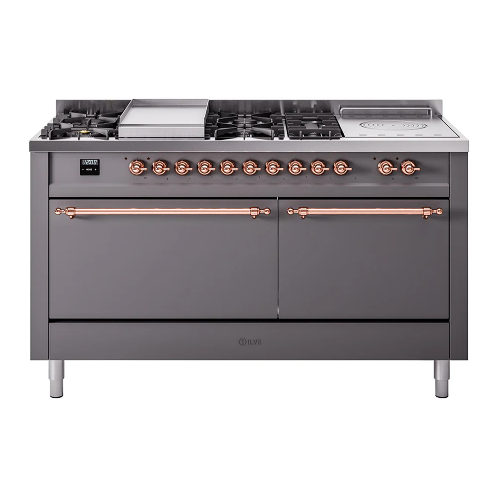 ILVE Nostalgie II 60-Inch Dual Fuel Range with 7 Burners, Griddle, & French Top with Solid Door Oven in Matte Graphite with Copper Trim (UP60FSQNMPMGP)