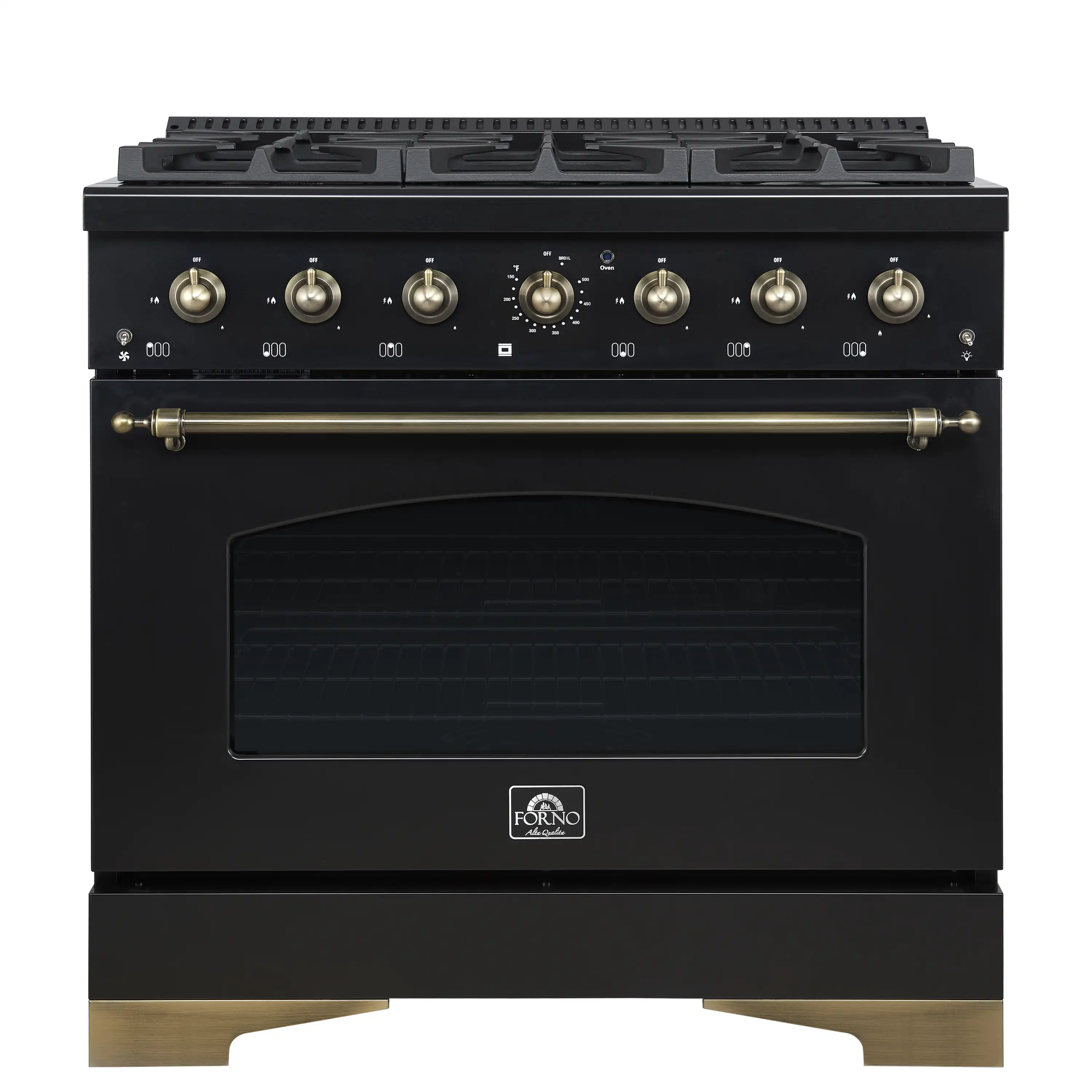 Forno Antico 36-inch Gas Range with 6 Gas Burner Cooktop and 4.5 Cu.Ft. Gas Convection Oven in Black with Antique Brass Trim (FFSGS6219-36BLK)