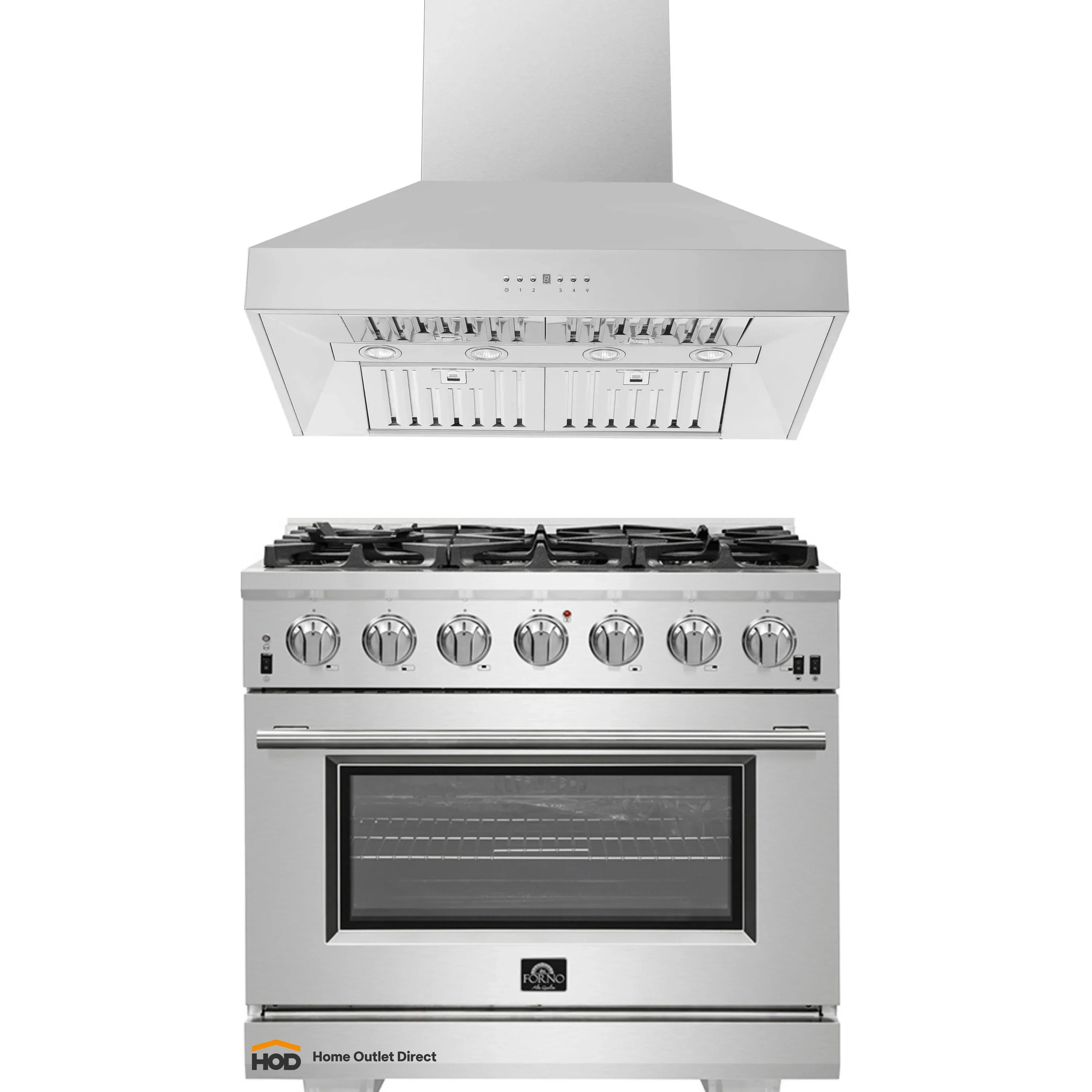 Forno 2-Piece Pro Appliance Package - 36-Inch Gas Range & Wall Mount Hood in Stainless Steel