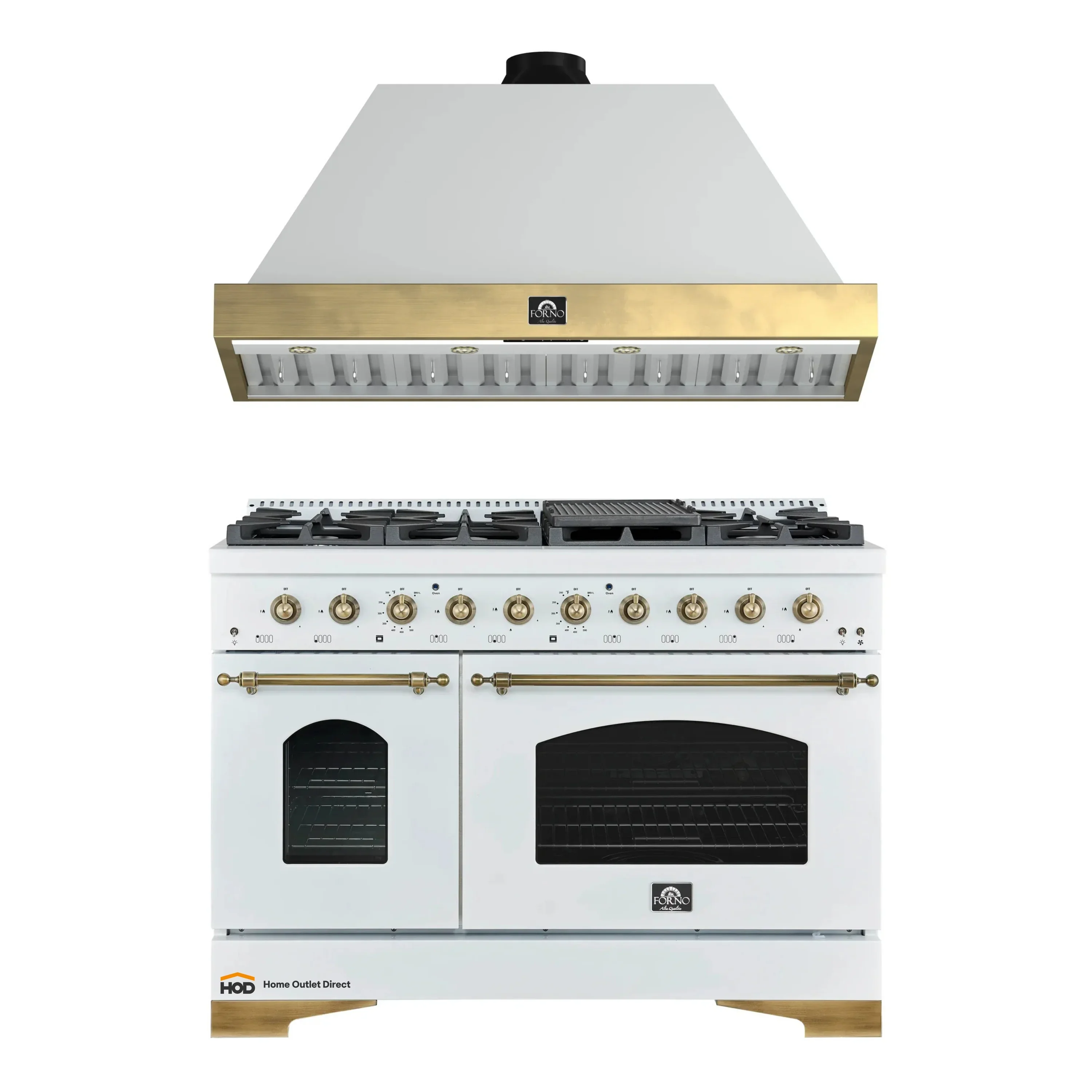 Forno Antico 2-Piece Appliance Package - 48-Inch Dual Fuel Range & 48-Inch Wall Mount Range Hood in White with Antique Brass Trim