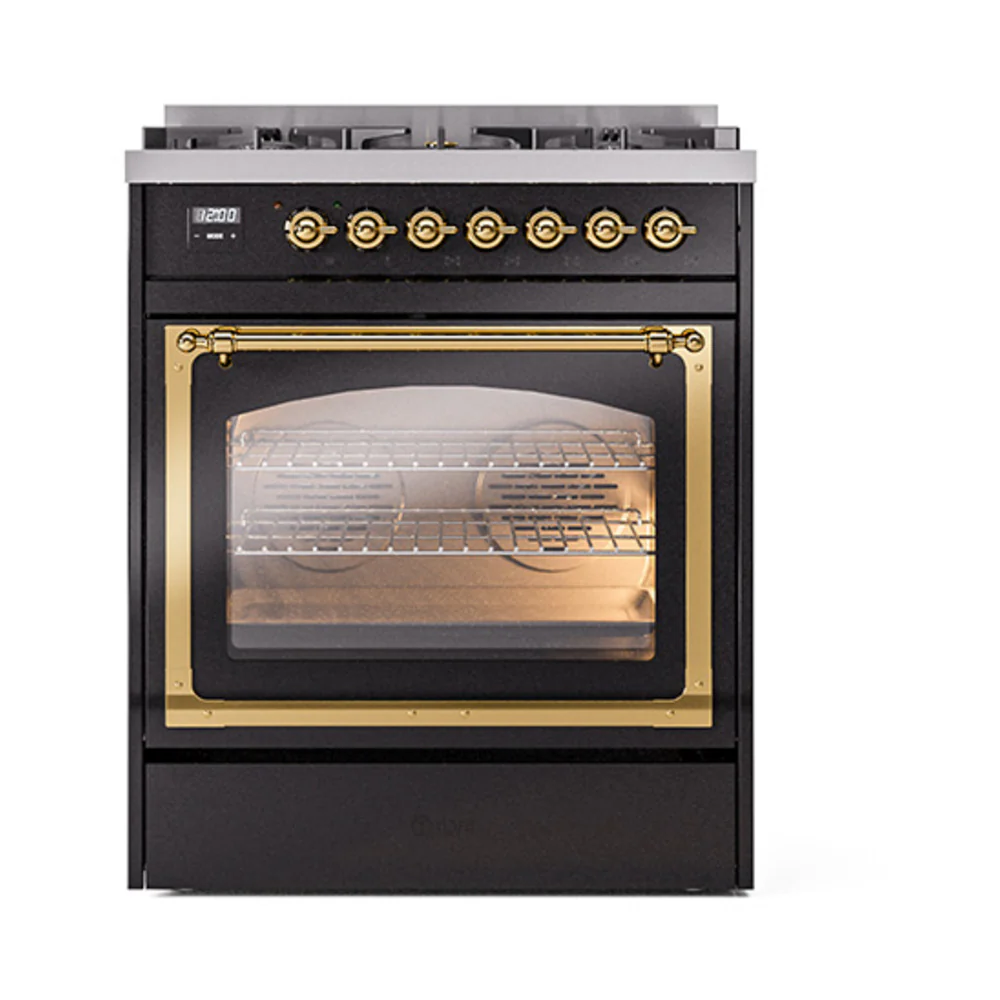 ILVE Nostalgie II Noblesse 30-Inch Dual Fuel Range with Triple Glass Door in Glossy Black with Brass Trim (UN30NMPBKG)