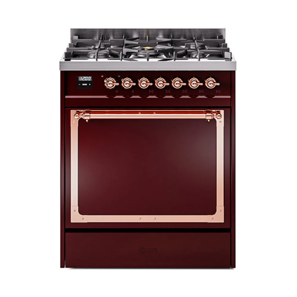 ILVE Nostalgie II Noblesse 30-Inch Dual Fuel Range with Solid Door in Burgundy with Copper Trim (UN30QNMPBUP)