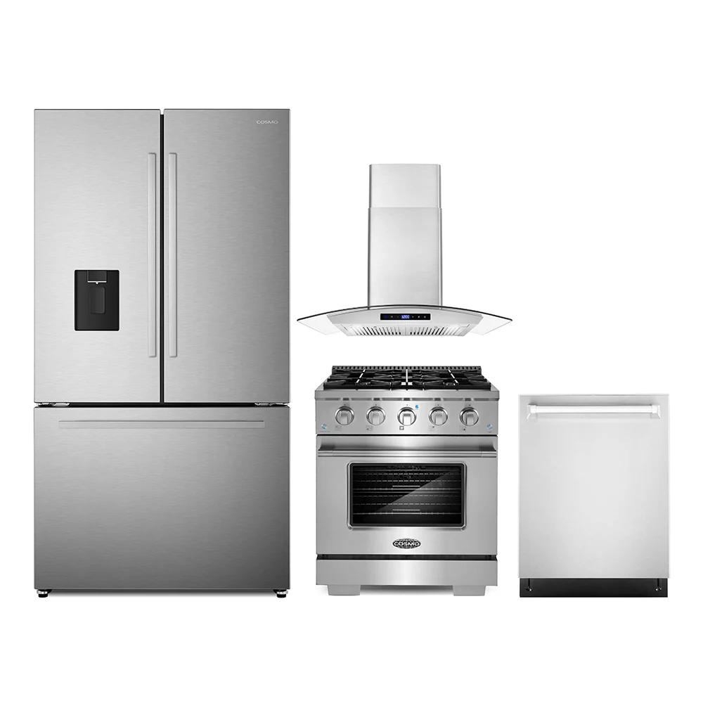 Cosmo 4-Piece Appliance Package - 30-Inch Gas Range, Wall Mount Range Hood, Dishwasher and Refrigerator with Water Dispenser in Stainless Steel (COS-4PKG-656)