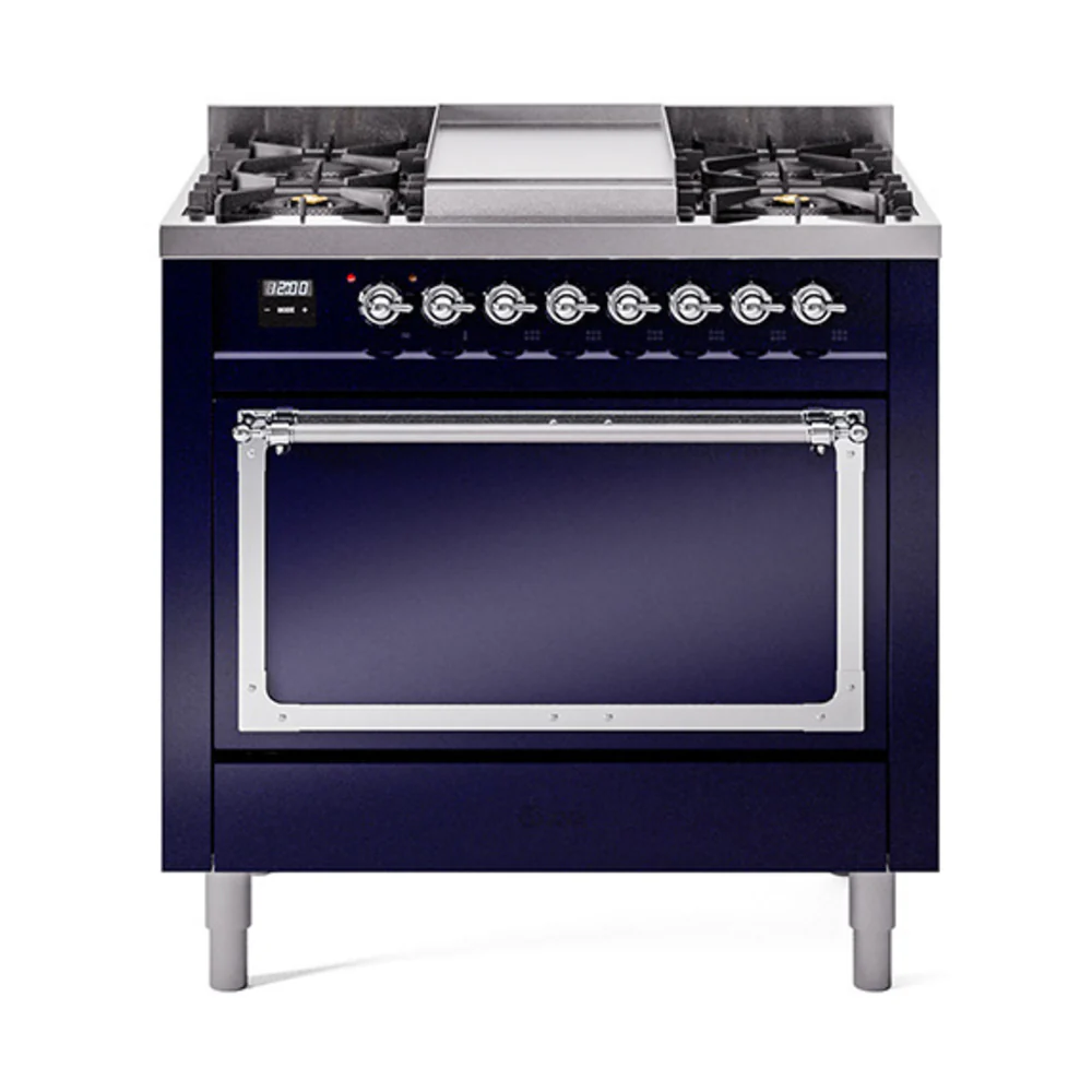 ILVE Nostalgie II Noblesse 36-Inch Dual Fuel Range and Solid Door Oven in Midnight Blue with Chrome Trim (UN36FQNMPMBC)