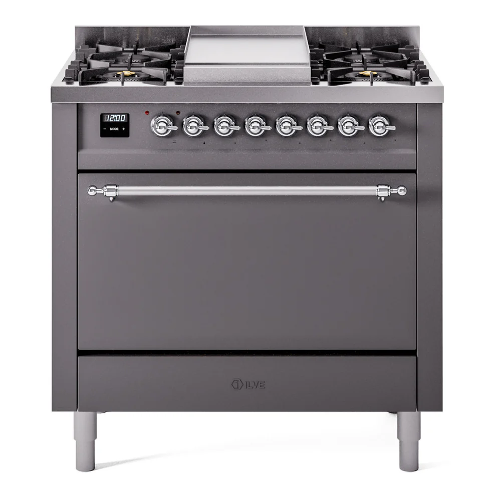ILVE 36-Inch Nostalgie II Dual Fuel Range with 6 Burners and Solid Door Oven in Matte Graphite with Chrome Trim (UP36FQNMPMGC)