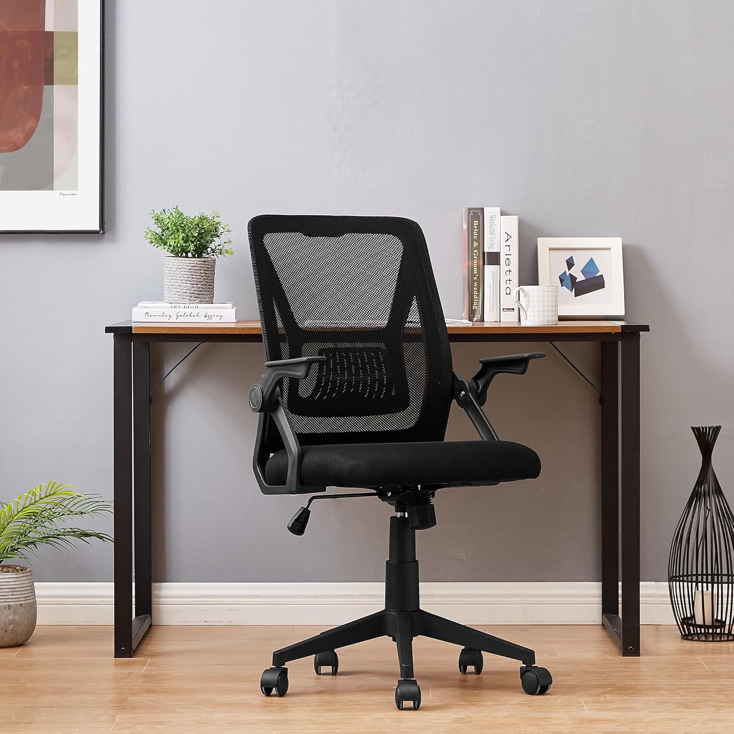 VECELO Mid-Back Swivel Ergonomic Office Chair with Adjustable Arms, Mesh Lumbar Support for Computer Task Work, Black