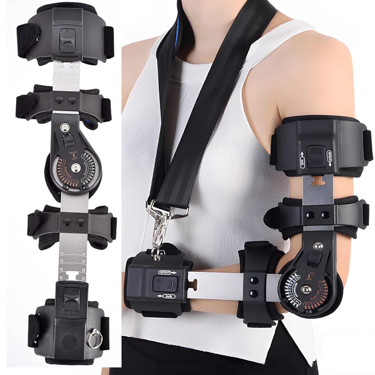Adjustable Hinged Elbow Brace Stabilizer with Padded Strap Retainer and Double Adjustment Clamps for Arm Injury Recovery Support (Right Hand)