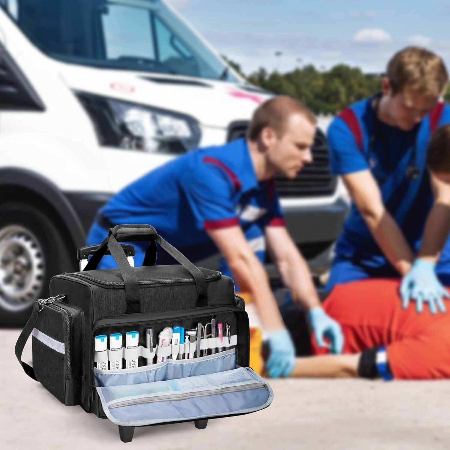 Damero Rolling Medical Bag with Detachable Trolley, Empty Emergency Response Supplies Bag with Removable Dividers, Medical Equipment Storage Bag for Home Health Nurses, Doctors, EMT, EMS, Black