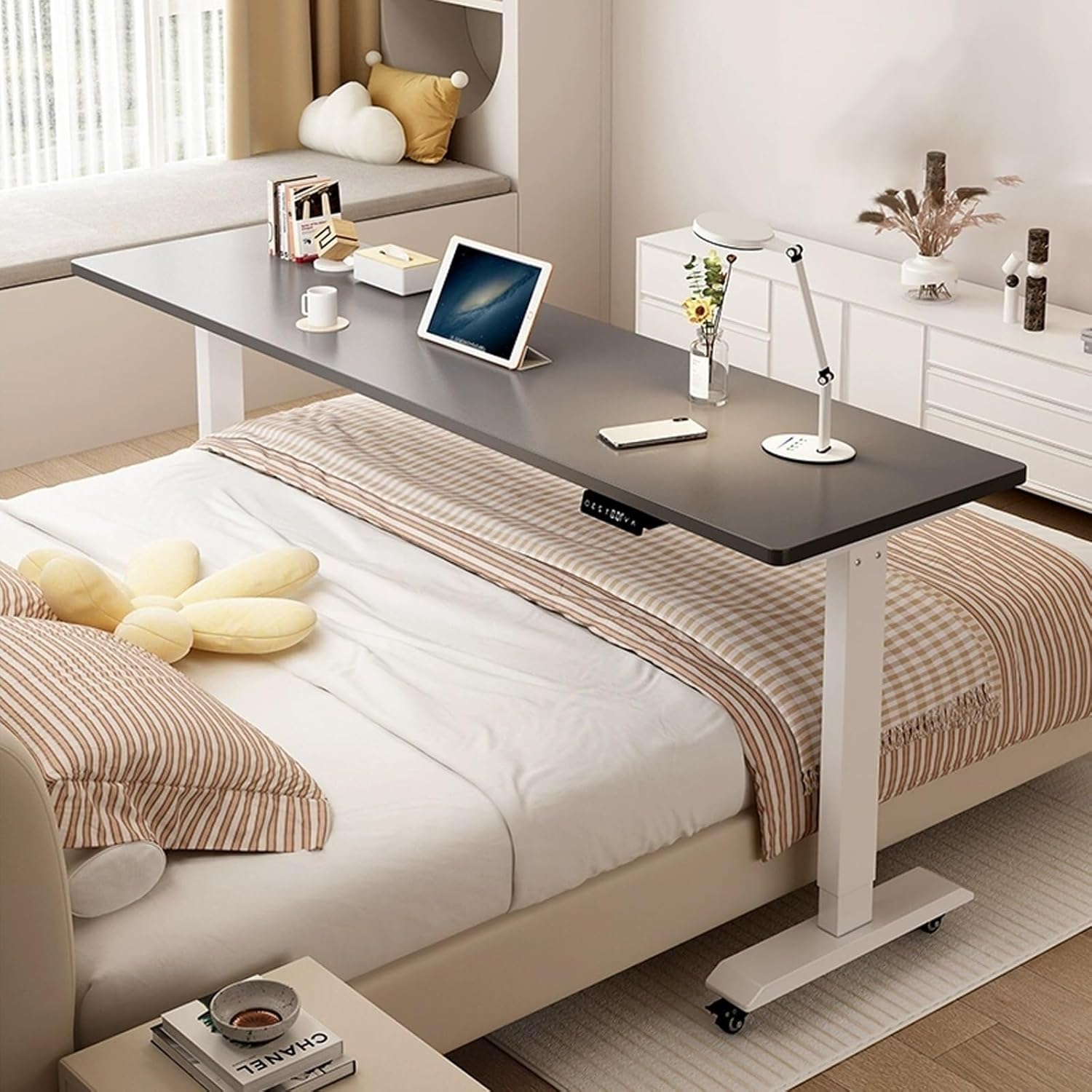 Electric Adjustable Height Overbed Table with Wheels, Rolling Bed Desk for Laptop, Home & Hospital Use, Mobile Hospital Bed Table(Gray White,180cm)