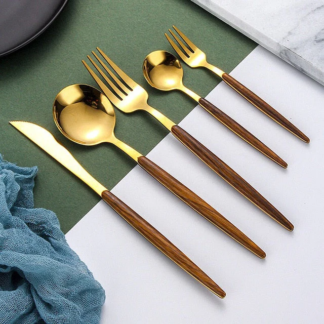 Modern Gold and Wood Cutlery Set